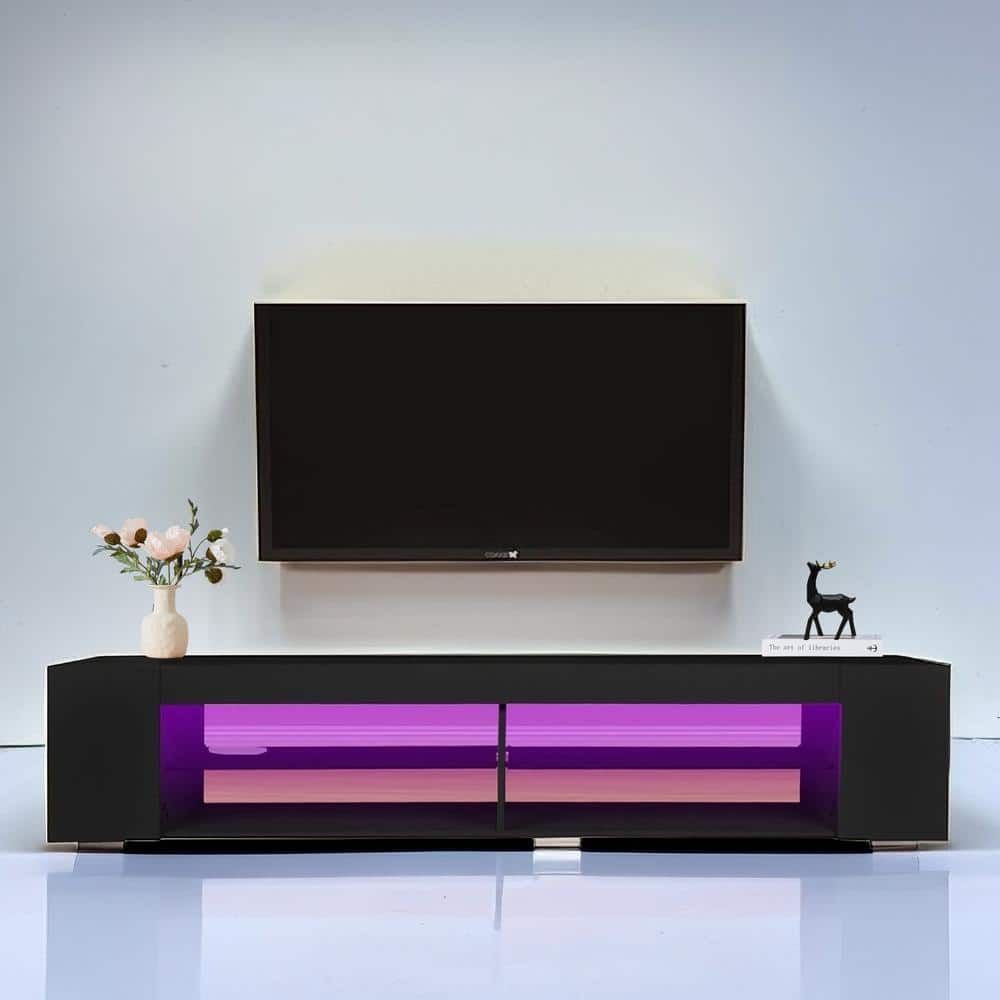 Spaco Black Particle Board Tv Stand With Led Lights Storage And Glass  Shelves (70.87 In. W X 15.74 In. D X 14.85 In (View 15 of 15)