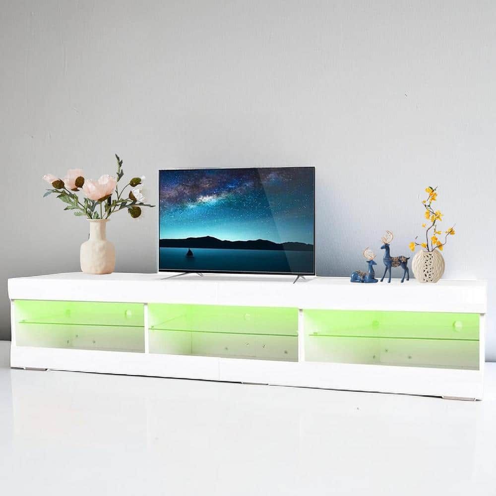 Spaco Modern White Particle Board Tv Stand With Led Lights Storage And  Glass Shelves (70.87 In. W X 15.75 In. D X 14.85 In (View 8 of 15)
