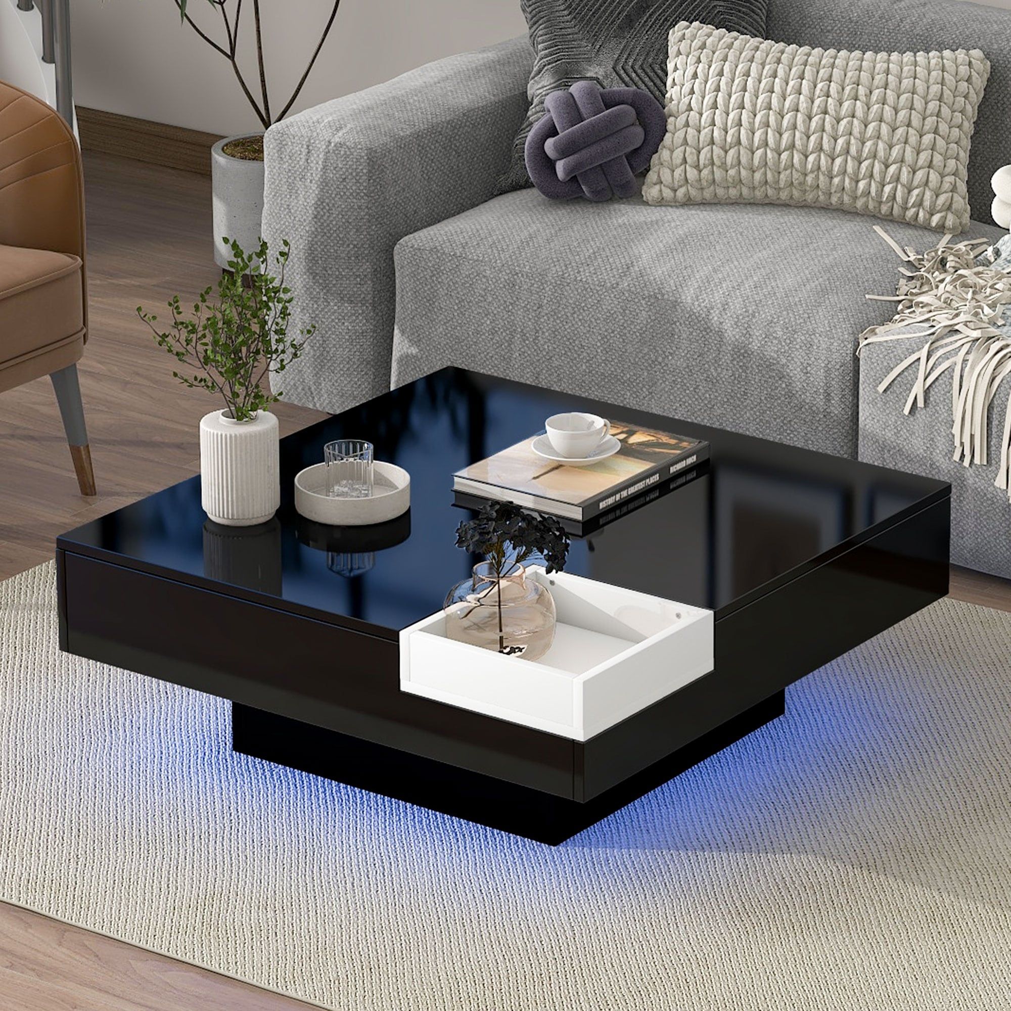 Square Coffee Table With Detachable Tray And Plug In 16 Color Led Strip  Lights Remote Control – Bed Bath & Beyond – 37367161 Within Detachable Tray Coffee Tables (Photo 2 of 15)