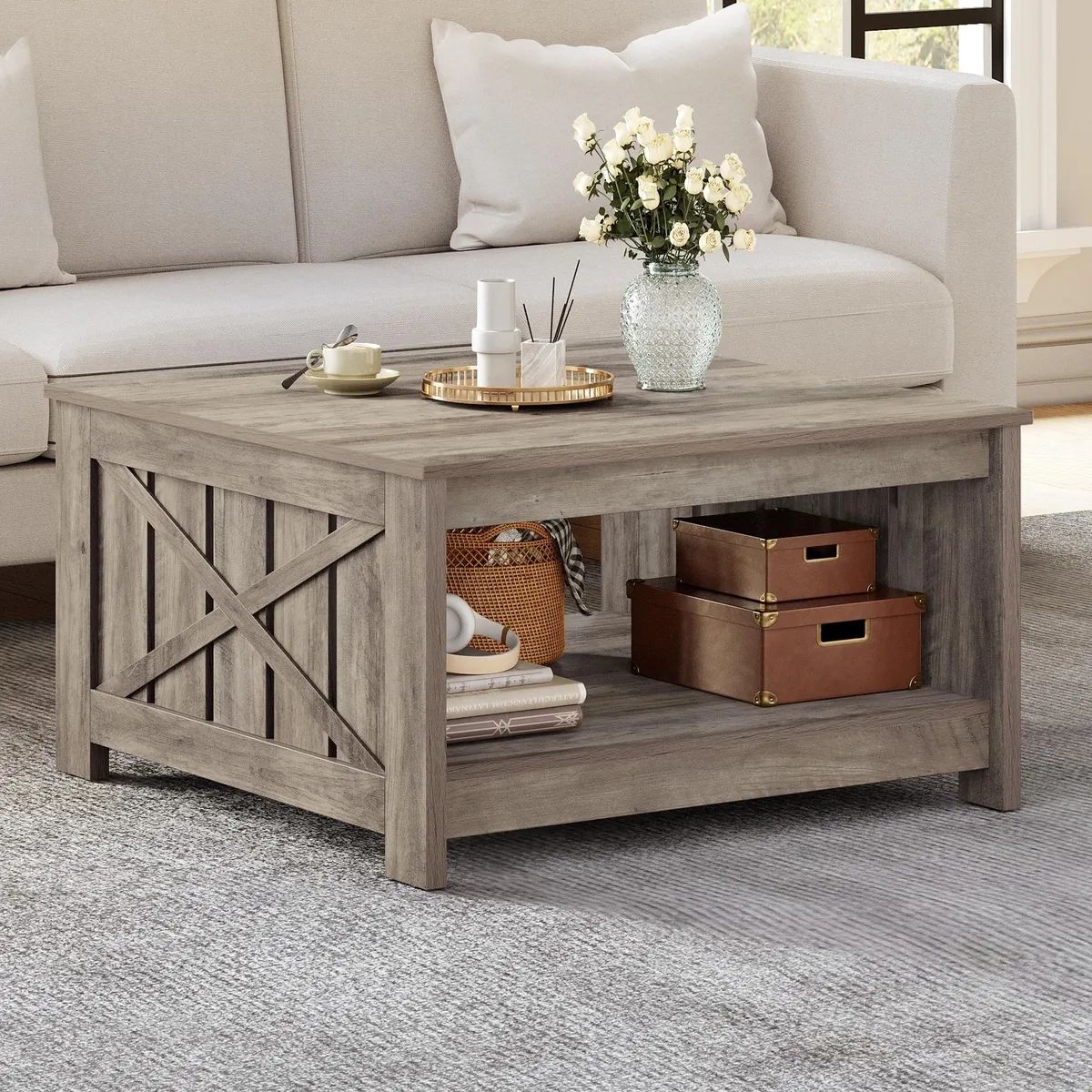 Square Coffee Table With Storage Farmhouse Cocktail Table W/ Open Storage  Shelf | Ebay In Coffee Tables With Storage And Barn Doors (View 10 of 15)