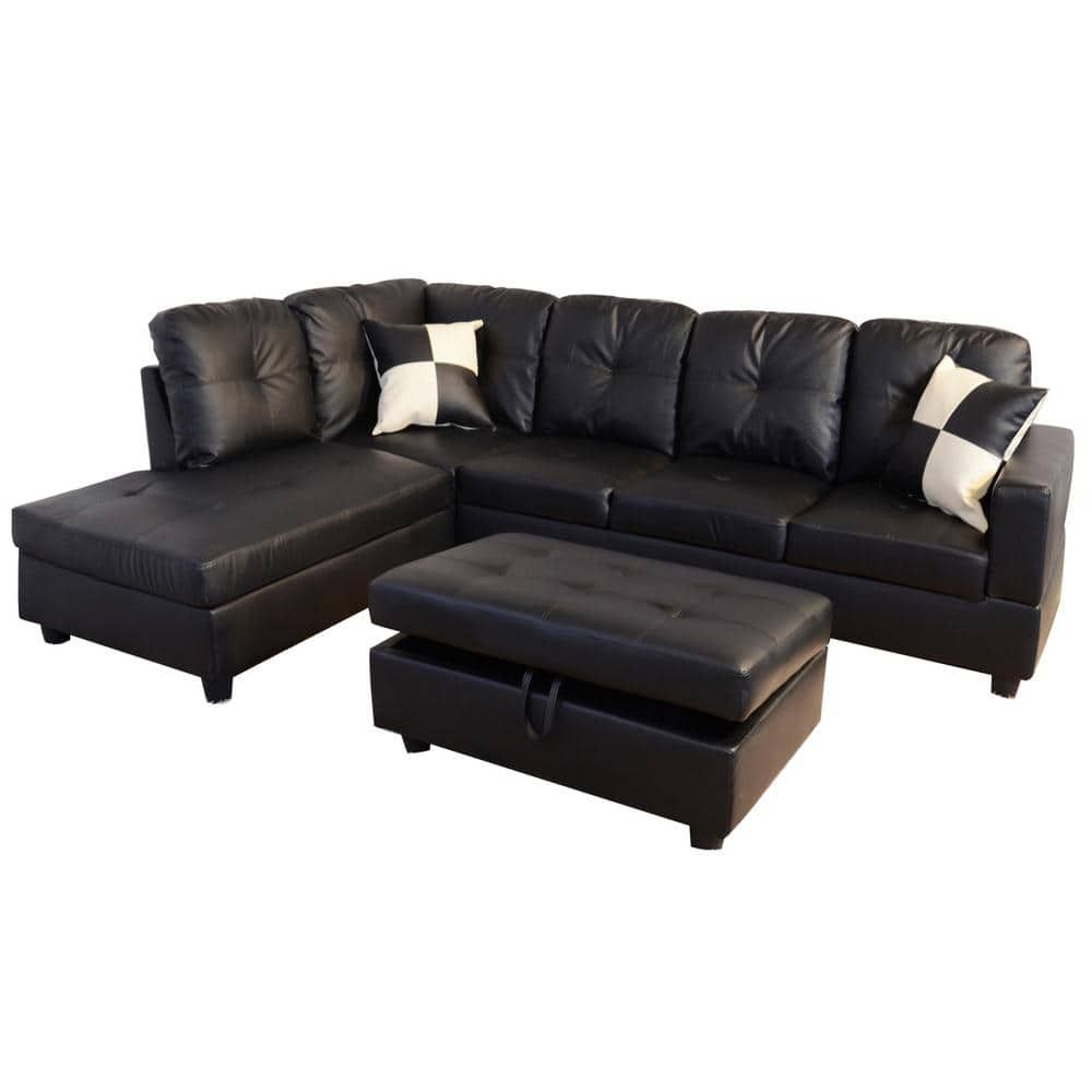 Star Home Living Black Faux Leather 3 Seater Left Facing Chaise Sectional  Sofa With Storage Ottoman Sh091A – The Home Depot Within Right Facing Black Sofas (View 9 of 15)
