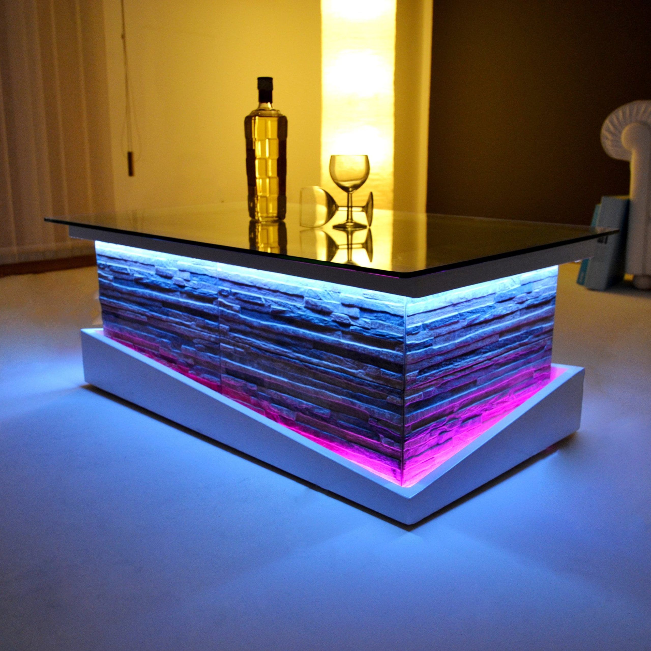 Stone Model Coffee Table With Led Lights Glass Top – Etsy Finland Pertaining To Coffee Tables With Led Lights (View 2 of 15)