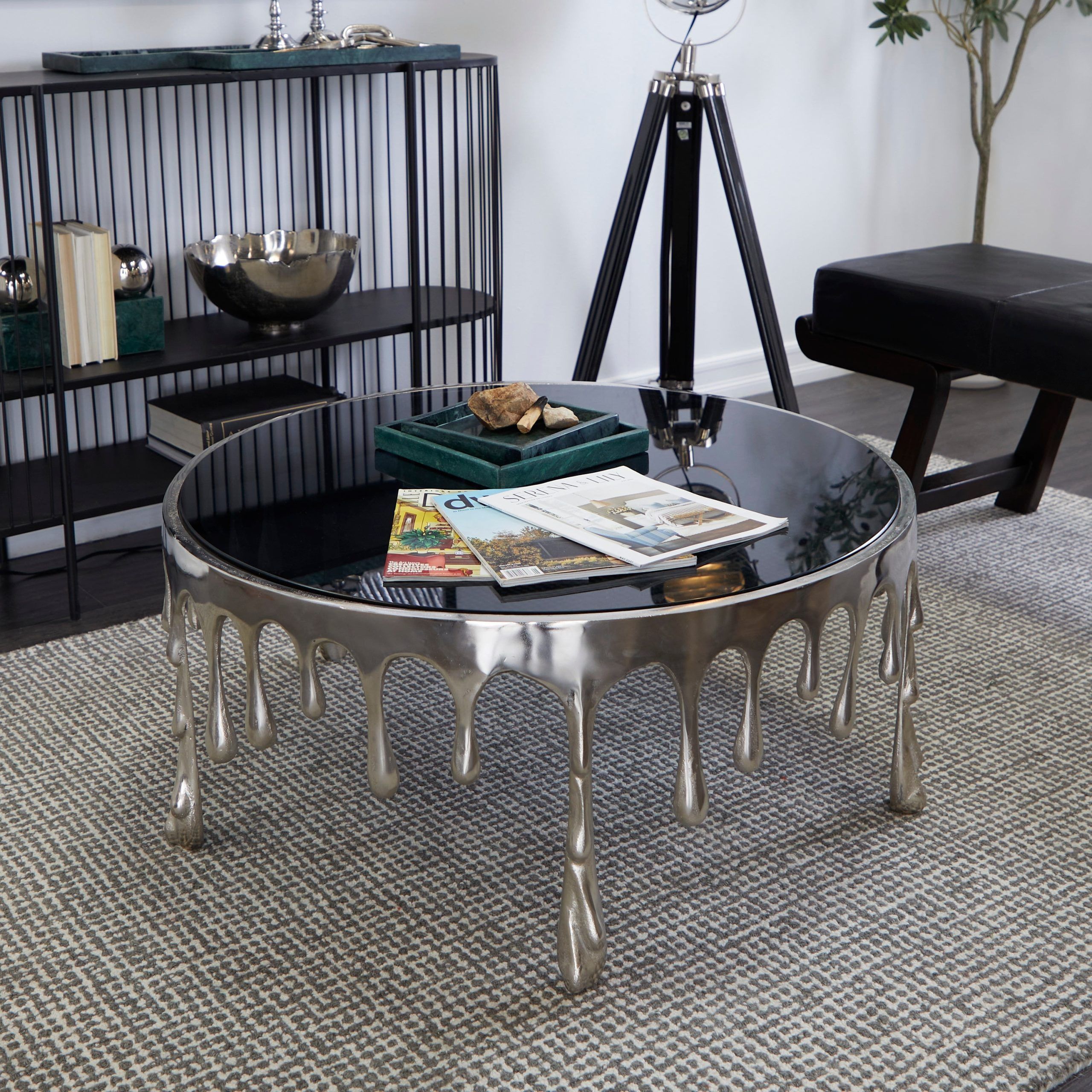 Studio 350 Melting Drip Metal Accent, Coffee, And Console Table Collection  With Shaded Glass Top Silver – Coffee Table 37"L X 37"W X 18"H Coffee –  Walmart Inside Studio 350 Black Metal Coffee Tables (View 7 of 15)