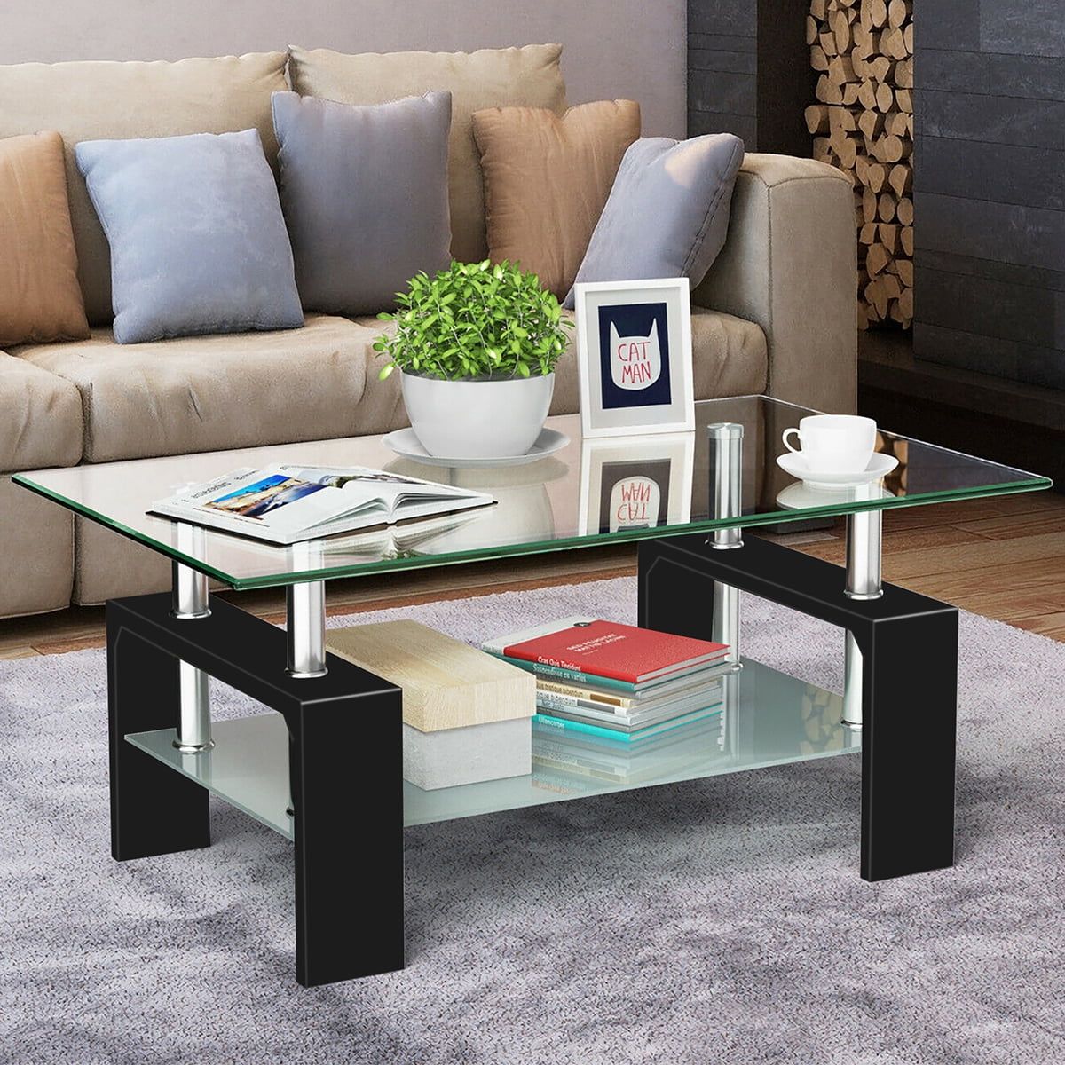 Sugift Clear Rectangle Modern Glass Coffee Table With Lower Shelf, Metal  Legs For Living Room – Walmart With Regard To Glass Coffee Tables With Lower Shelves (View 2 of 15)