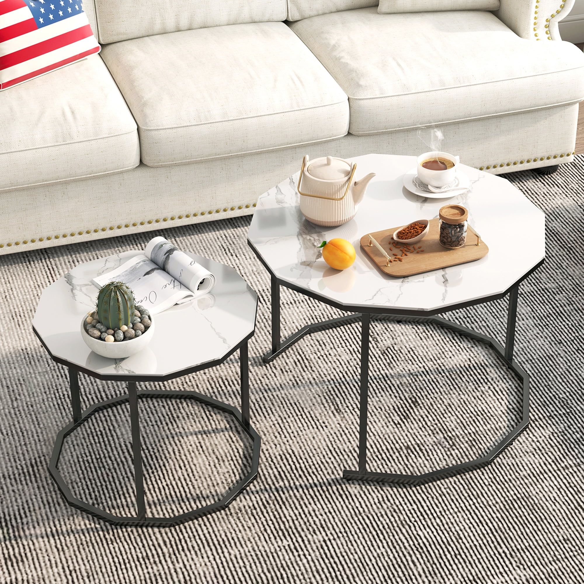 Syngar Coffee Table Set Of 2 Nesting Tables, Modern Marble Top And Black  Metal Frame End Table For Living Room And Small Space, Center Table Accent  Side Coffee Tables Easy Assembly, Golden Black – Walmart Inside Metal Side Tables For Living Spaces (View 7 of 15)