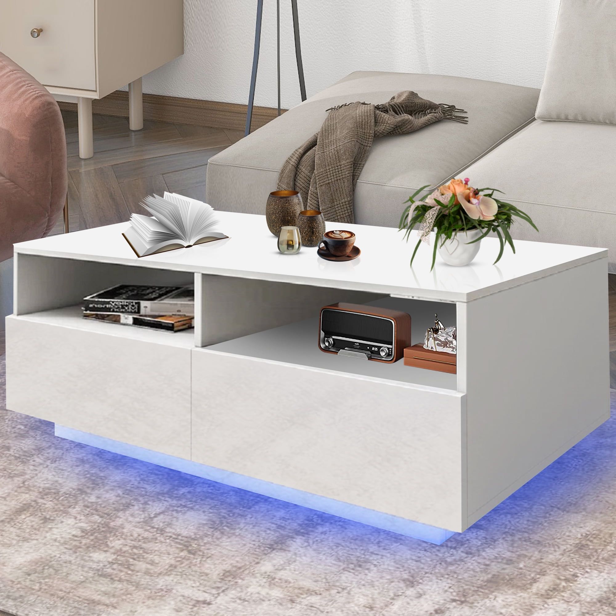 Syngar Led Coffee Table With 4 Storage Sliding Drawers And Open Shelves,  Modern High Glossy Center Table Rectangular With Multiple Colors Led Lights  For Living Room Bedroom, Easy Assembly, White – Walmart Regarding Led Coffee Tables With 4 Drawers (Photo 6 of 15)