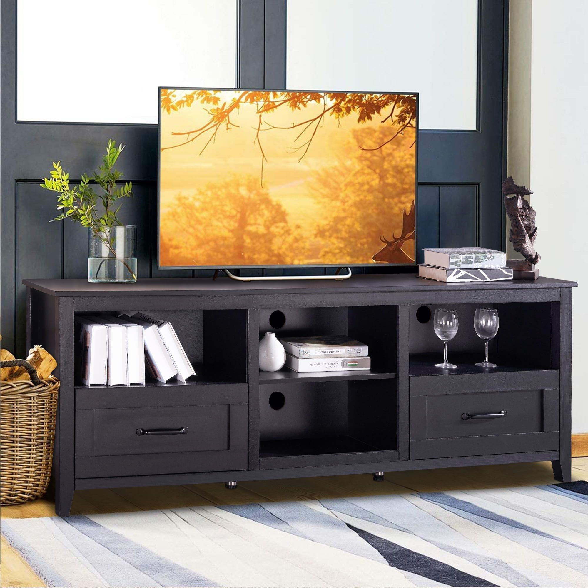 Syngar Traditional Black Tv Stand For 70 Inch Tv, Farmhouse Television  Table Stands Wooden Tv Cabinet Console Table, Buffet Cabinet With Storage  Drawers, Living Room Entertainment Center – Walmart Throughout Farmhouse Tv Stands For 70 Inch Tv (Photo 7 of 15)