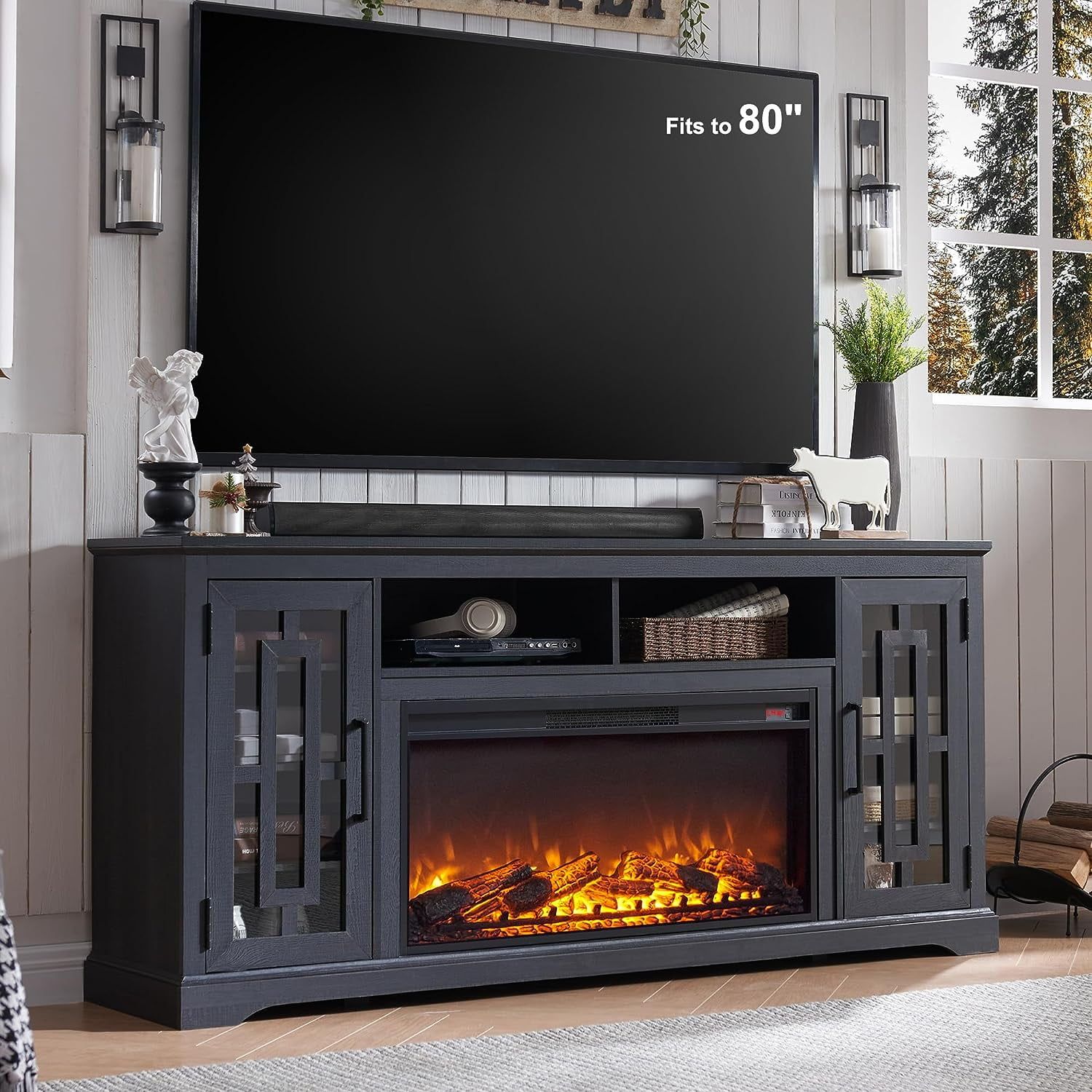 T4Tream 70" Fireplace Tv Stand For 75 80 Inch Tv, Farmhouse Highboy  Entertainment Center For Living Room, Black – Walmart Pertaining To Wood Highboy Fireplace Tv Stands (Photo 1 of 15)