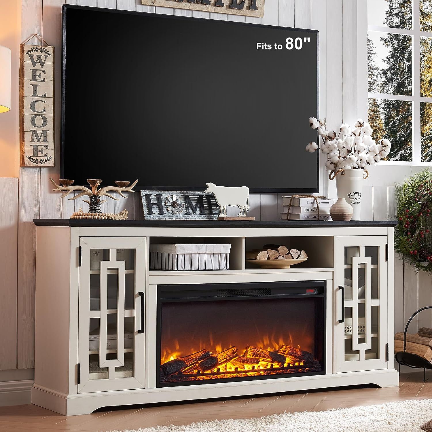 T4Tream 70" Fireplace Tv Stand For 75 80 Inch Tv, Farmhouse Highboy  Entertainment Center With Storage For Living Room, White – Walmart Inside Wood Highboy Fireplace Tv Stands (Photo 2 of 15)