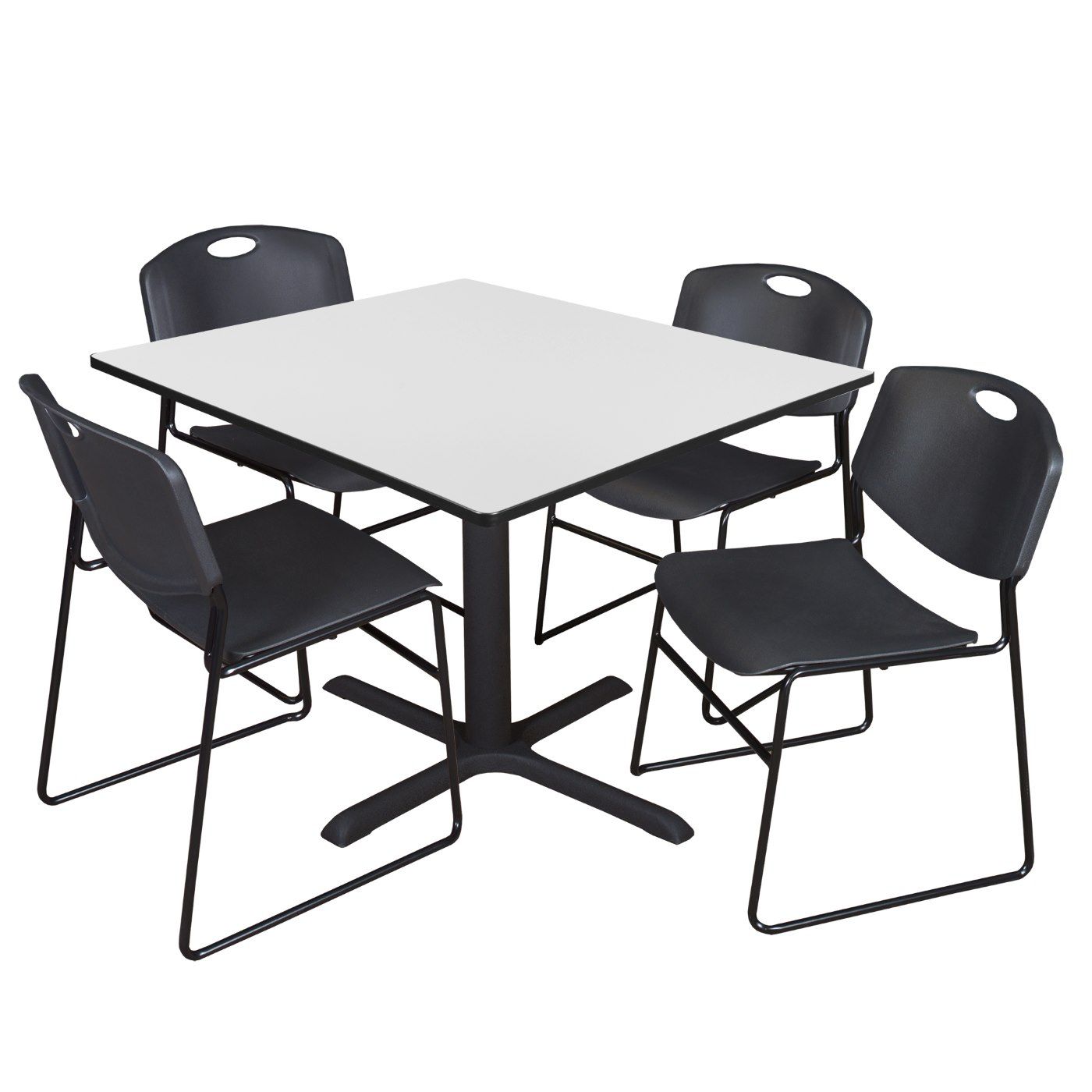 Tb4848Wh44Bk | Regency Cain 48 In. Square Breakroom Table  White & 4 Zeng  Stack Chairs  Black | Free Shipping! Throughout Regency Cain Steel Coffee Tables (Photo 4 of 15)