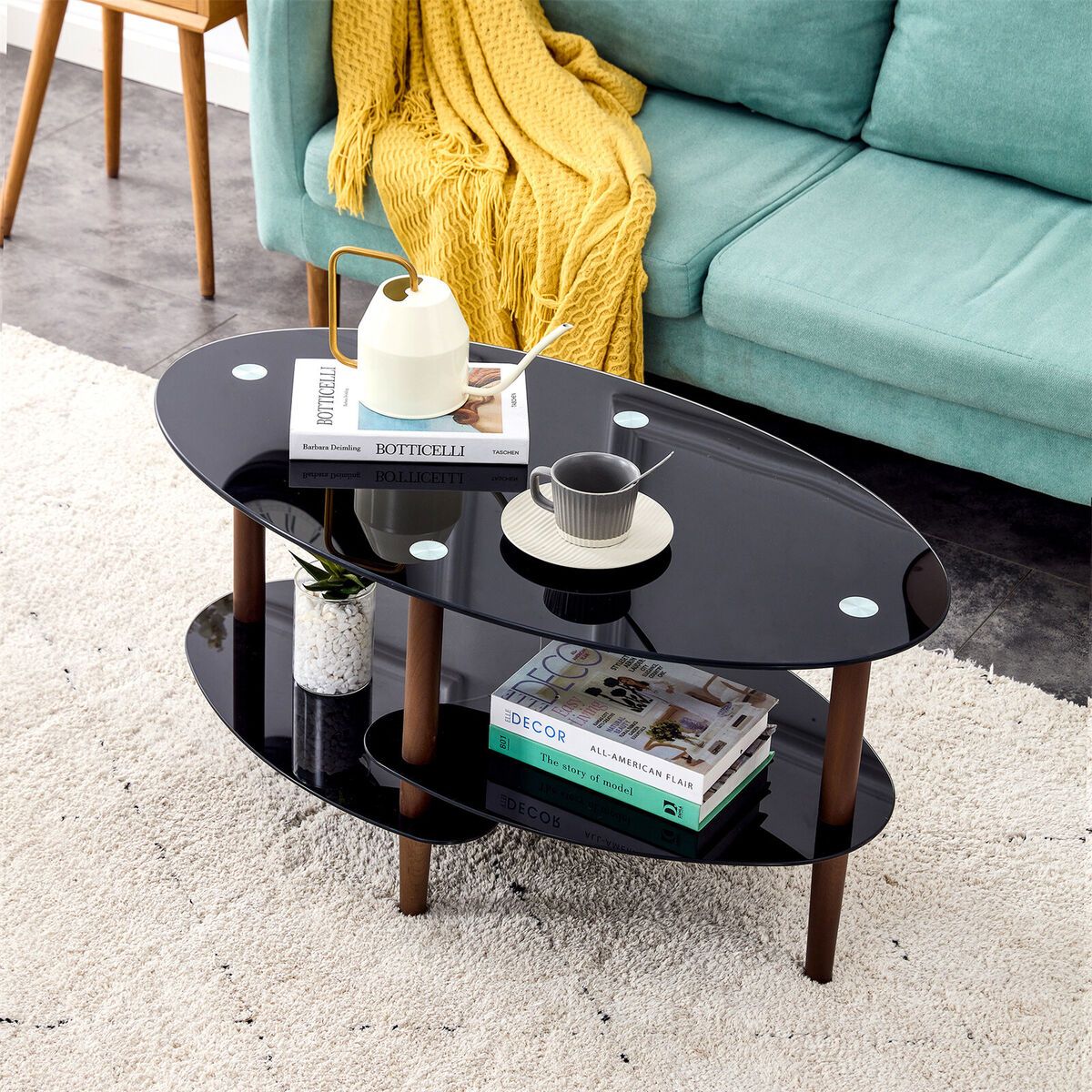 Tempered Glass Oval Side Coffee Table With Shelf Wooden Base Living Room  Black | Ebay Inside Tempered Glass Oval Side Tables (View 2 of 15)