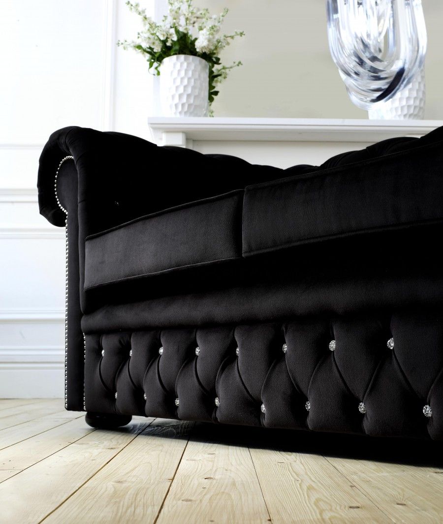 The English Sofa Company – Diamante Velvet Chesterfield – 3 Seater – Black  – 48008 Within Black Velvet Sofas (Photo 6 of 15)