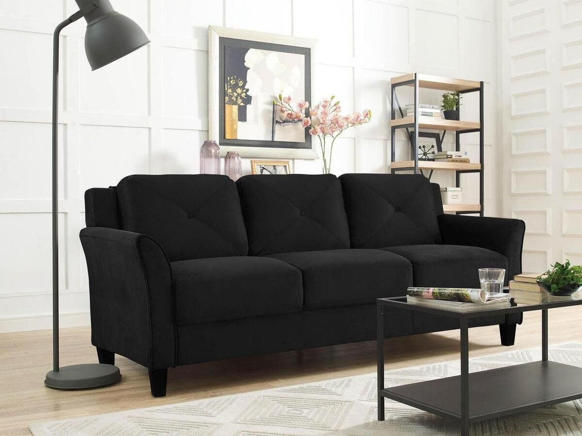 Traditional Sofa Curved Rolled Arms Comfortable Taryn Black Fabric | Ebay With Traditional Black Fabric Sofas (View 2 of 15)
