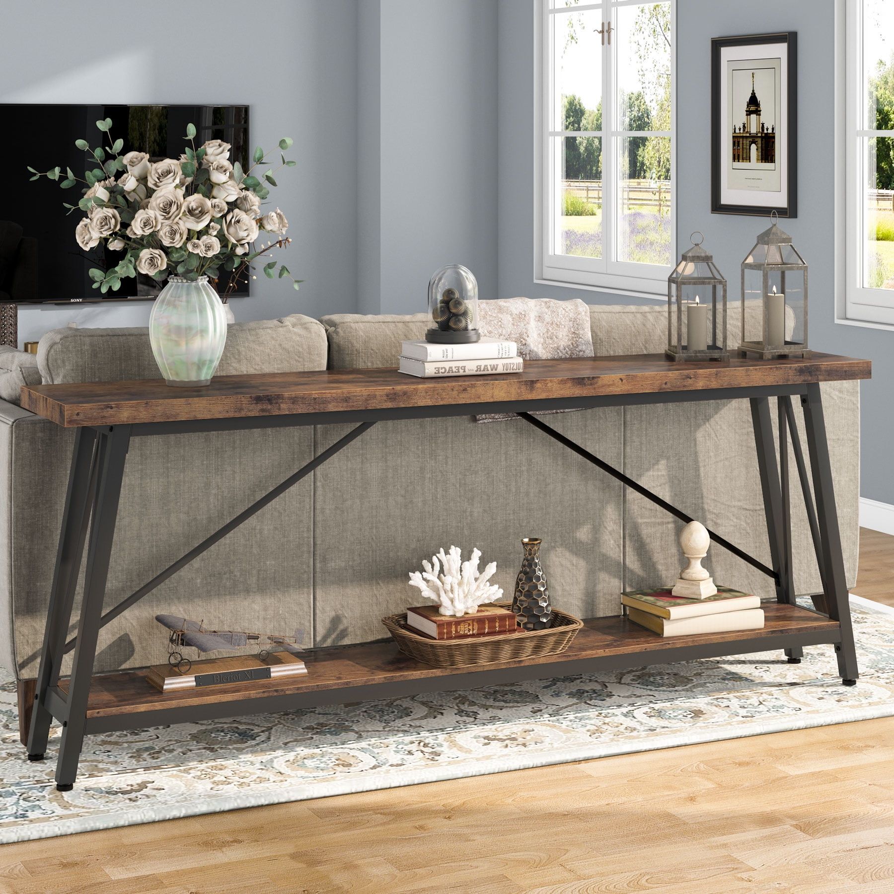 Tribesigns 70.9 Inch Extra Long Sofa Table Behind Couch, Industrial Entry Console  Table For Hallway, Entryway, Brown – Walmart With Regard To Asymmetrical Console Table Book Stands (Photo 4 of 13)