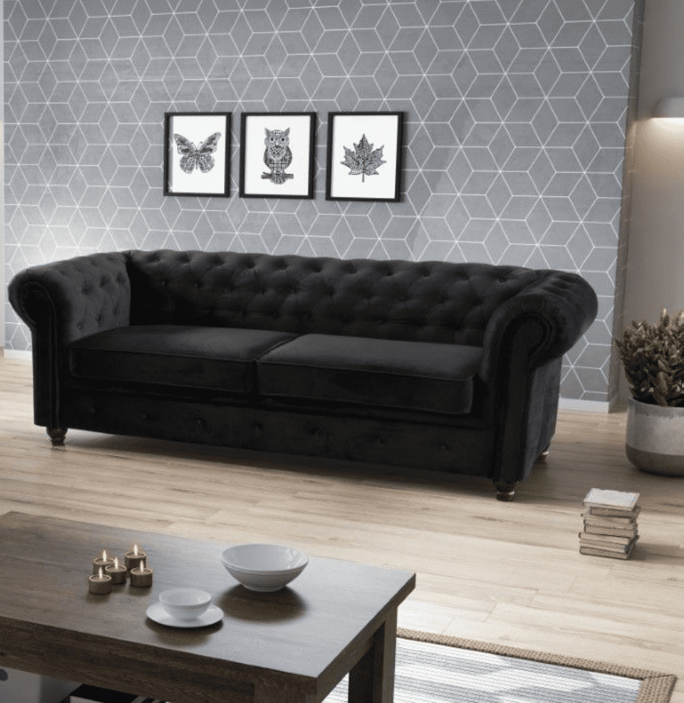 Tss – Chesterfield – 3 2 Seater Sofa Set – Black Plush Velvet With Regard To Sofas In Black (Photo 14 of 15)