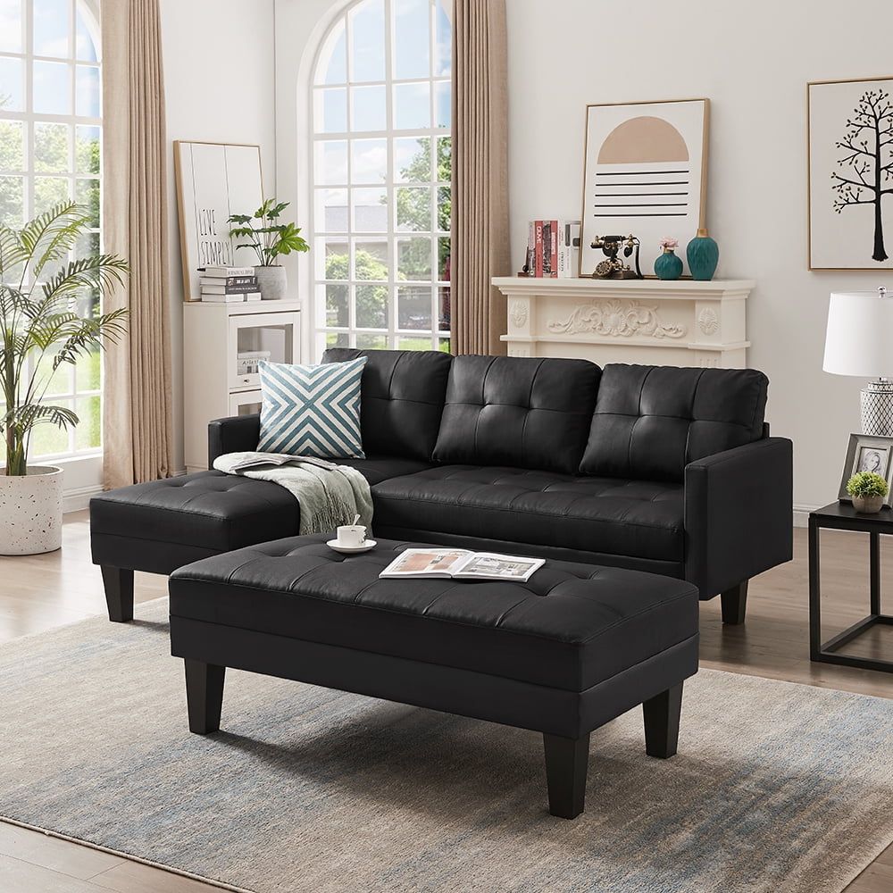 Tufted Faux Leather 3 Seat L Shape Sectional Sofa Couch Set W/Chaise  Lounge, Ottoman Coffee Table Bench For Living Room Home Furniture, Black –  Walmart Inside 3 Seat L Shaped Sofas In Black (View 3 of 15)