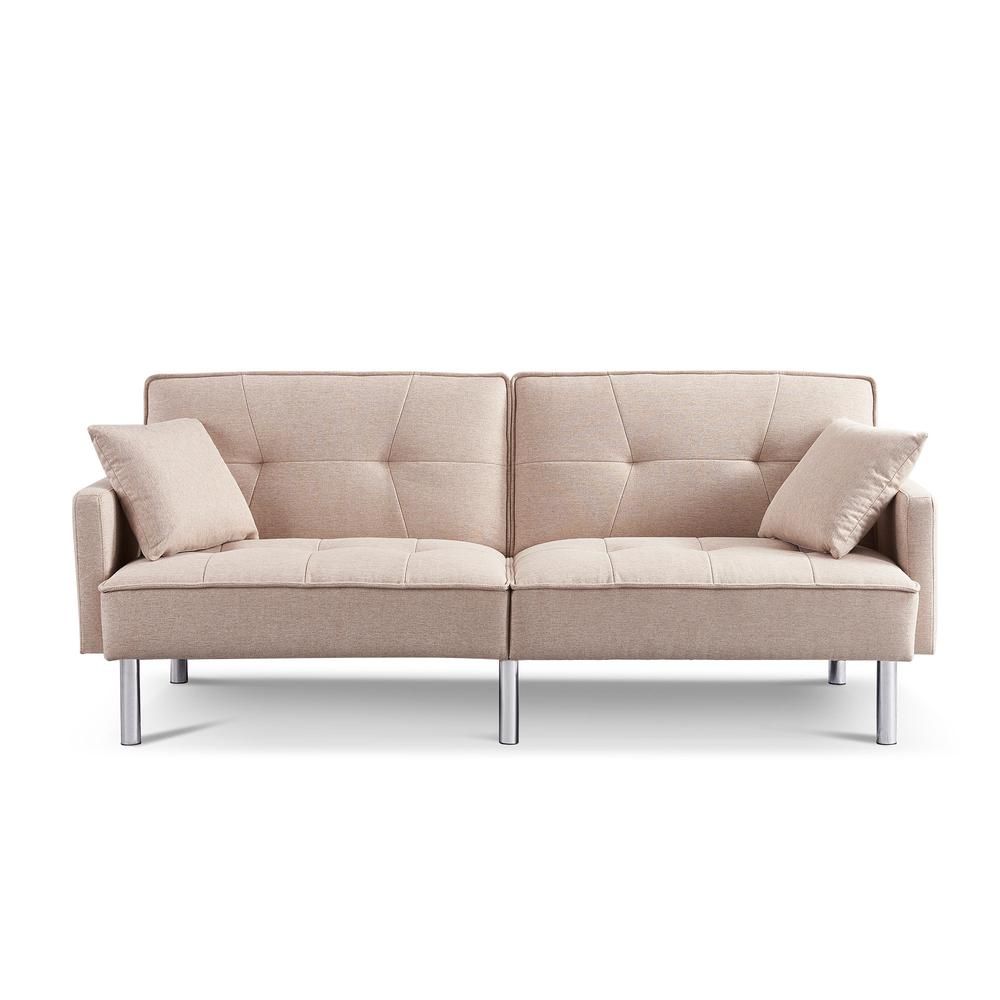 Tufted Futon Convertible Sofa Sleeper With Two Throw Pillows Within Tufted Convertible Sleeper Sofas (View 13 of 15)