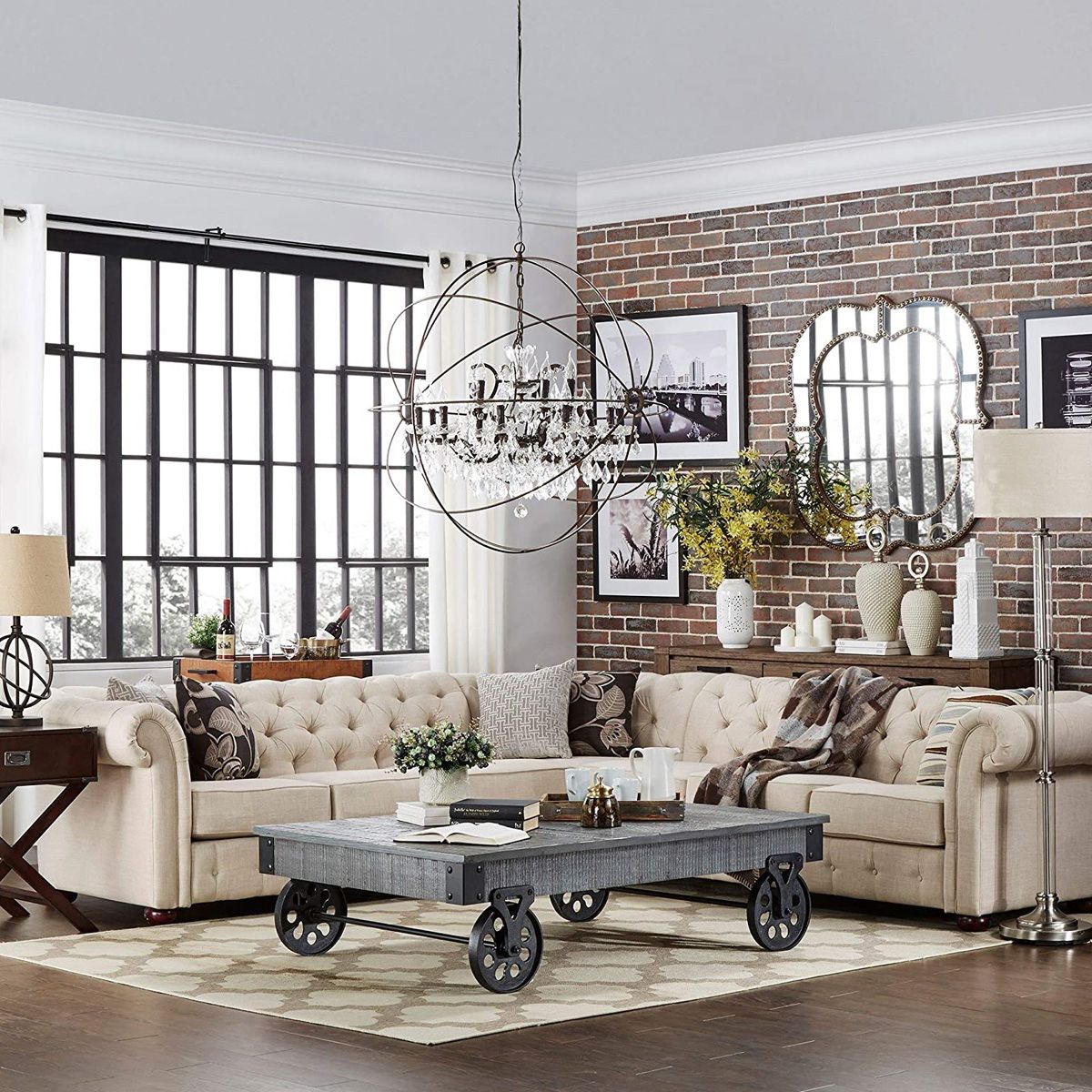Tufted Scroll Arm Chesterfield 7 Seat L Shaped Sectional Sofa In Beige  Color From Aed 5849 | Atoz Furniture Within Beige L Shaped Sectional Sofas (View 14 of 15)