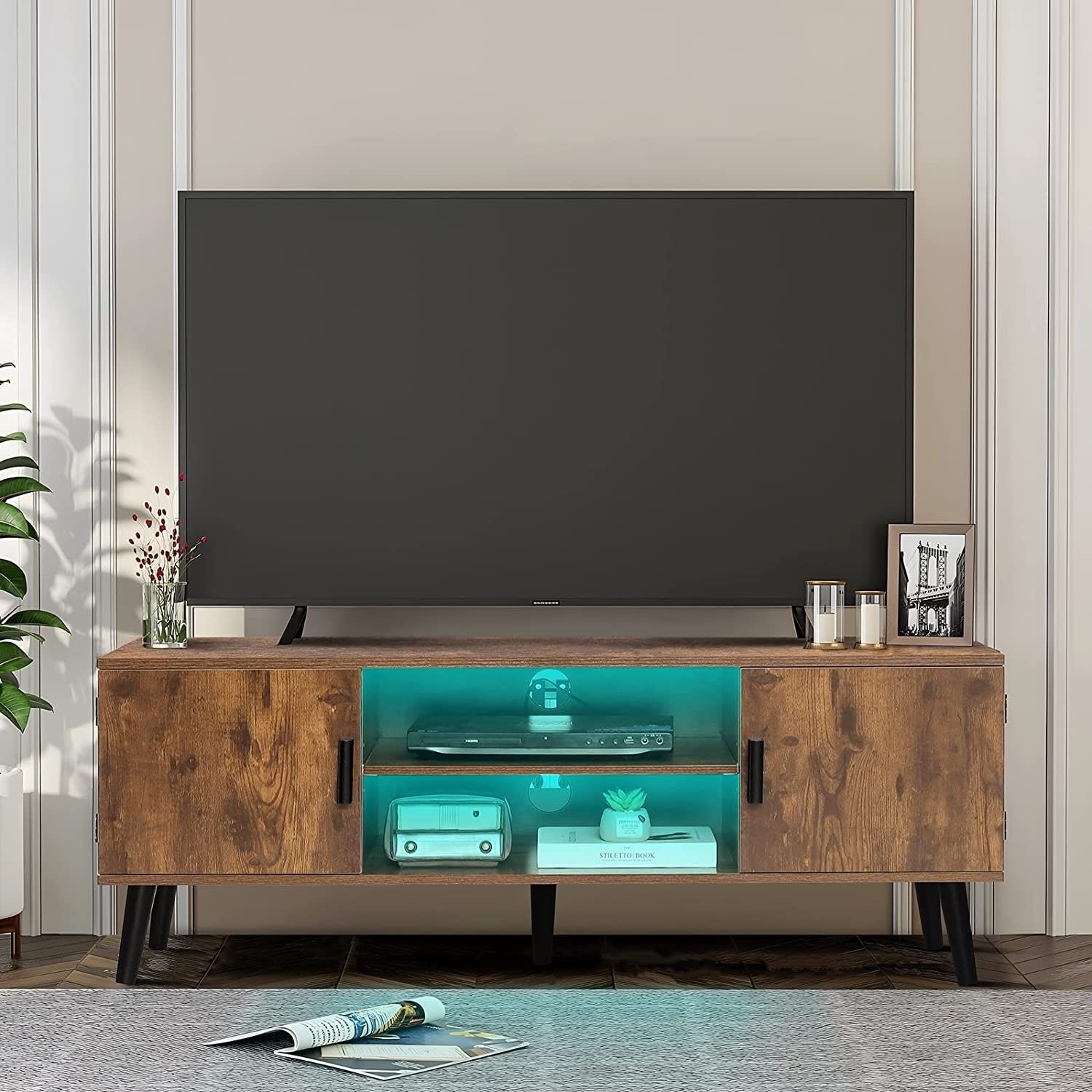 Tv Stand For 55 Inch Tv, Led Tv Stand With Led Lights & Power Outlet, Tv  Console With 2 Cabinets &Amp – Bed Bath & Beyond – 37666779 Regarding Led Tv Stands With Outlet (Photo 8 of 15)