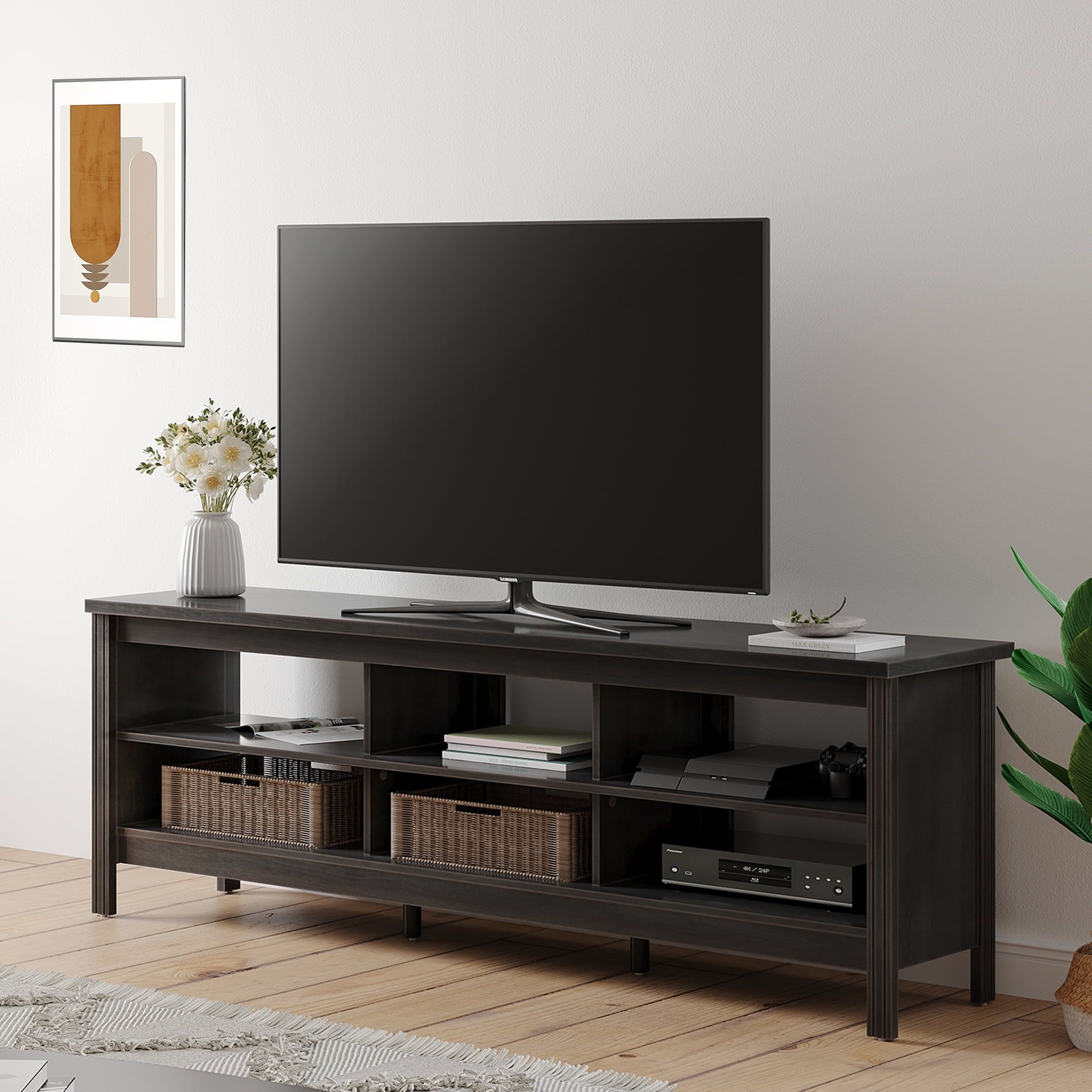 Tv Stand For 75 Inch Tv Wood Media Console With 6 Open Shelves, Black, 70"  – Walmart Throughout Media Entertainment Center Tv Stands (View 6 of 15)