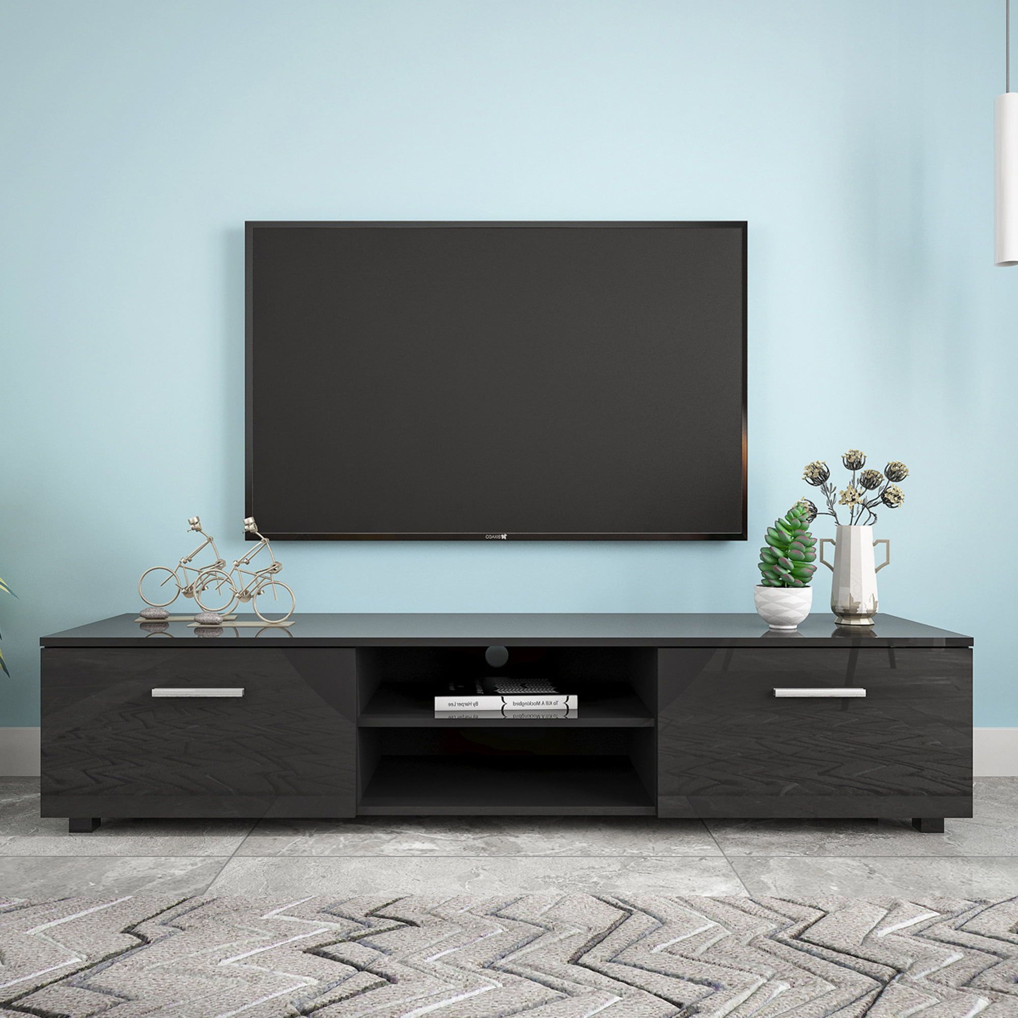 Tv Stand For Tvs Up To 70 Inch, Syngar Modern Tv Cabinet With Double Doors  And 2 Tier Open Shelves, Wood Entertainment Center Tv Stand, Media Center  Table For Living Room, Bedroom, Black, For Tv Stands With 2 Doors And 2 Open Shelves (Photo 5 of 15)