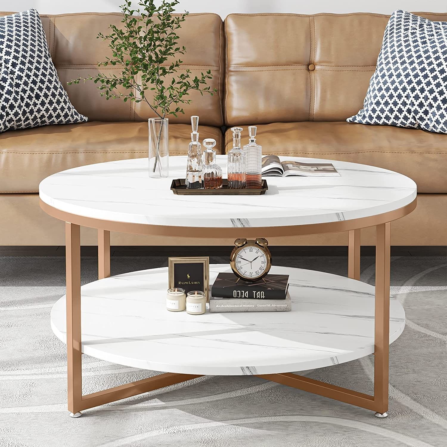 Two Tier Round Faux Marble Modern Coffee Table With Metal Legs And Open  Storage Shelf For Living Room, White Gold – Bed Bath & Beyond – 37593828 Pertaining To Modern Round Faux Marble Coffee Tables (Photo 1 of 15)