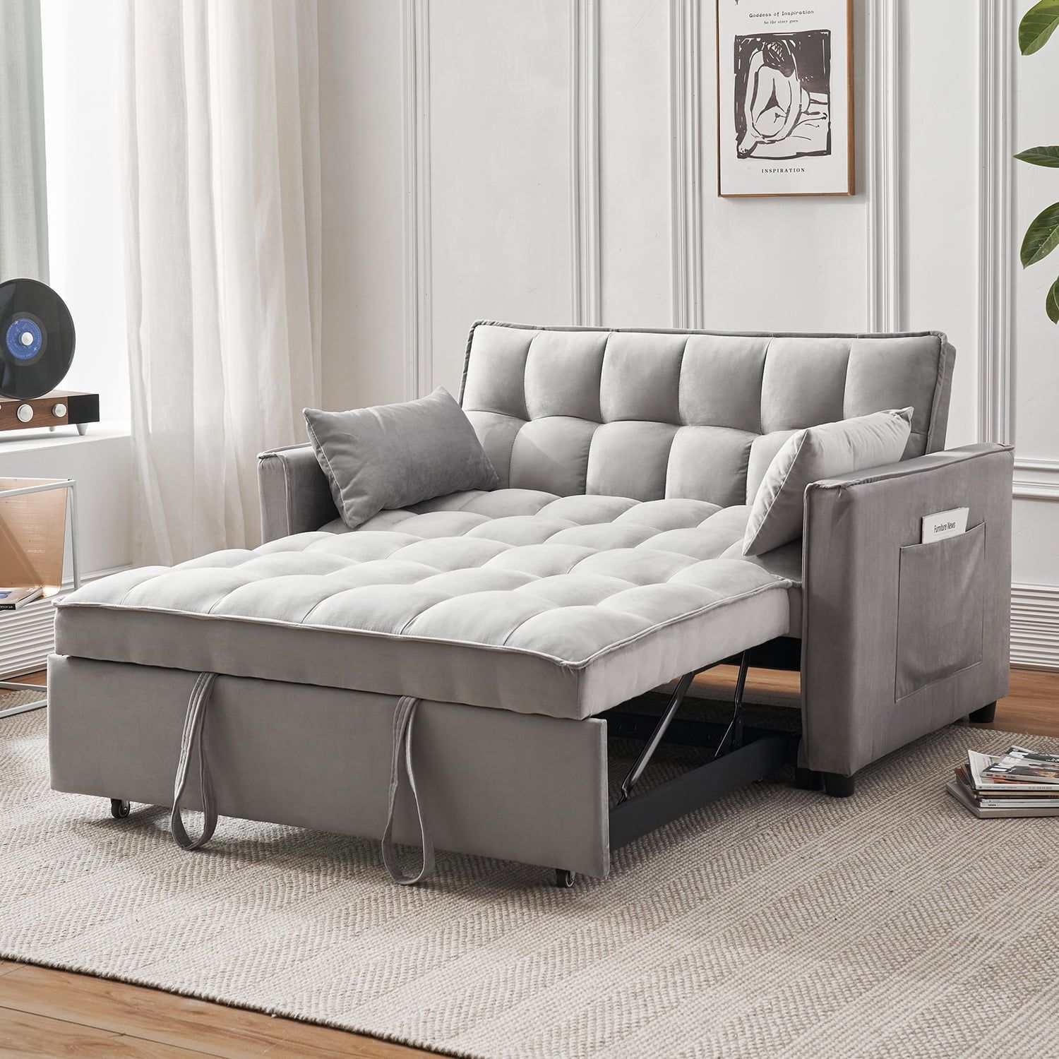 Tzicr 55.5'' 3 In 1 Convertible Sleeper Sofa Bed, Modern Velvet Loveseat  Futon Couch Pullout Bed With Adjustable Backrest, Side Storage Pockets And  Pillows. (Grey) – Walmart Pertaining To 3 In 1 Gray Pull Out Sleeper Sofas (Photo 4 of 15)