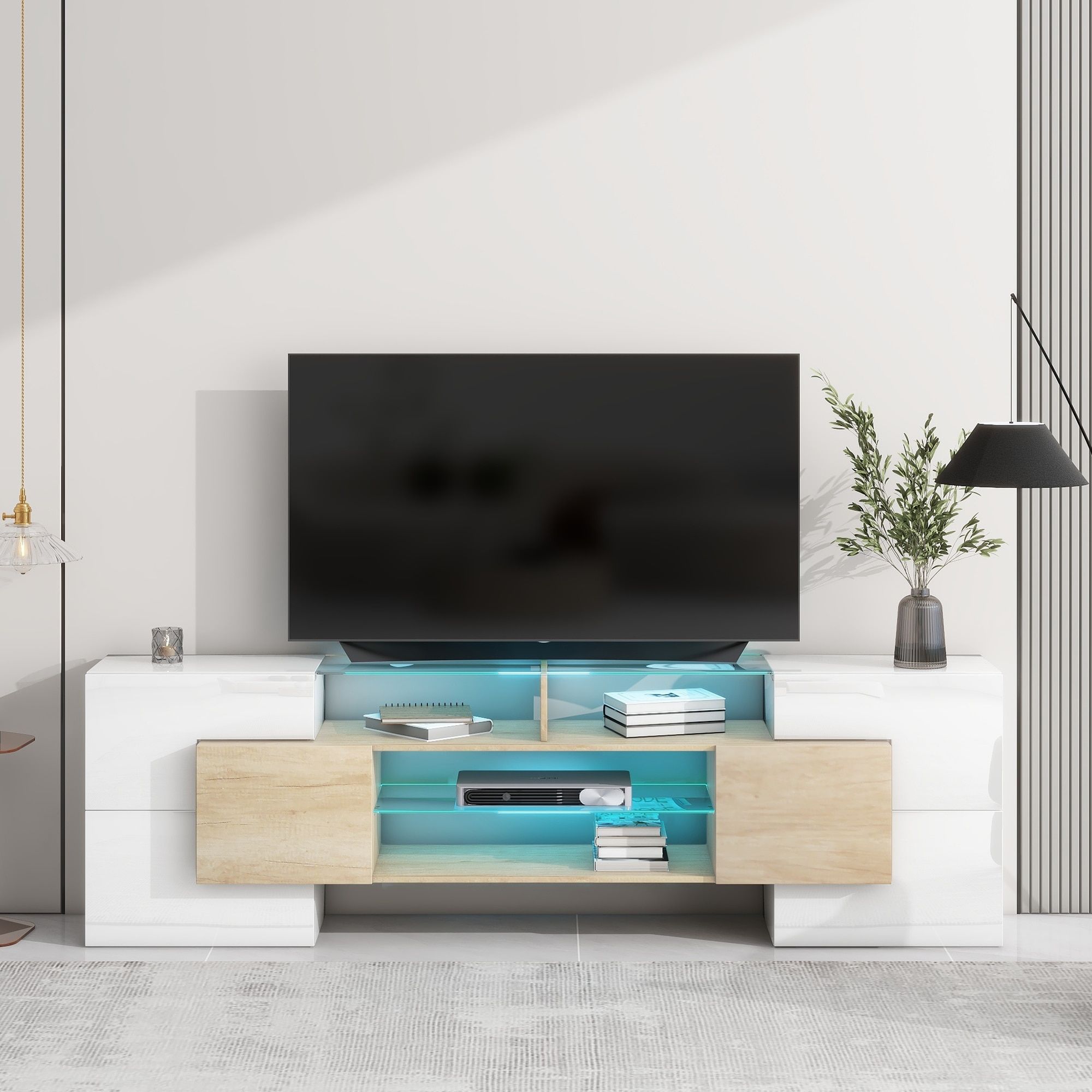 Unique Shape Tv Stand With 2 Illuminated Glass Shelves, High Gloss  Entertainment Center For Tvs Up To 80" – On Sale – Bed Bath & Beyond –  38267797 Pertaining To Glass Shelves Tv Stands (Photo 11 of 15)