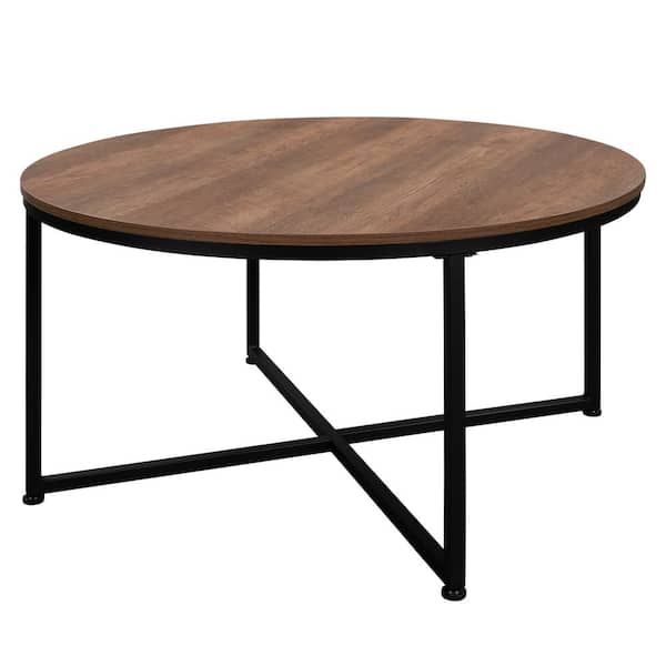 Urtr 35.04 In. W Natural Brown Small Round Wood Coffee Table Vintage Table  With Metal Frame For Living Room, Office, Bedroom Hy01523Y – The Home Depot With Round Coffee Tables With Steel Frames (Photo 9 of 15)