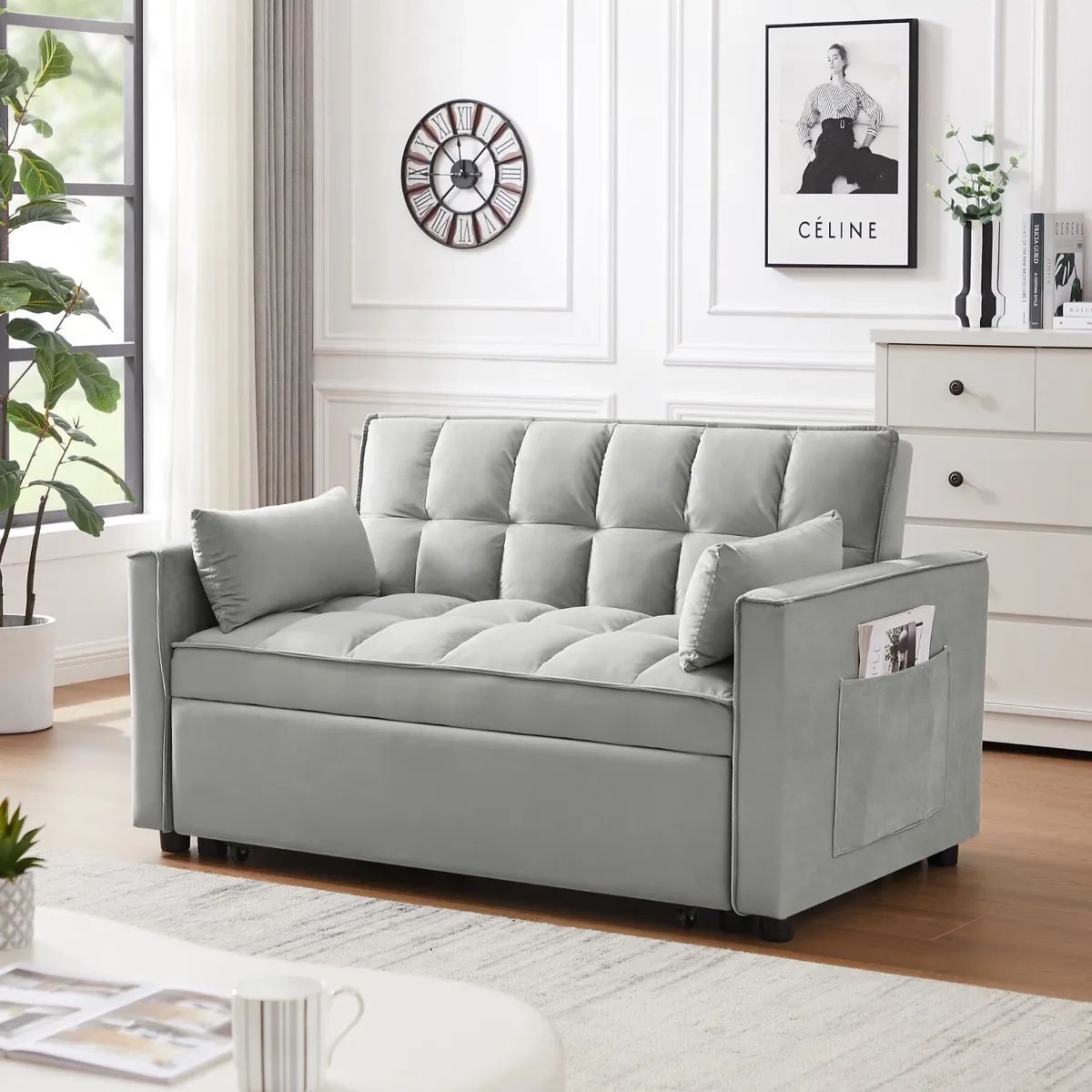 Velvet Futon Sofa Bed With 2 Pillows Convertible Sofa Bed Pull Out Couch  Gray | Ebay With Regard To 2 In 1 Gray Pull Out Sofa Beds (Photo 7 of 15)