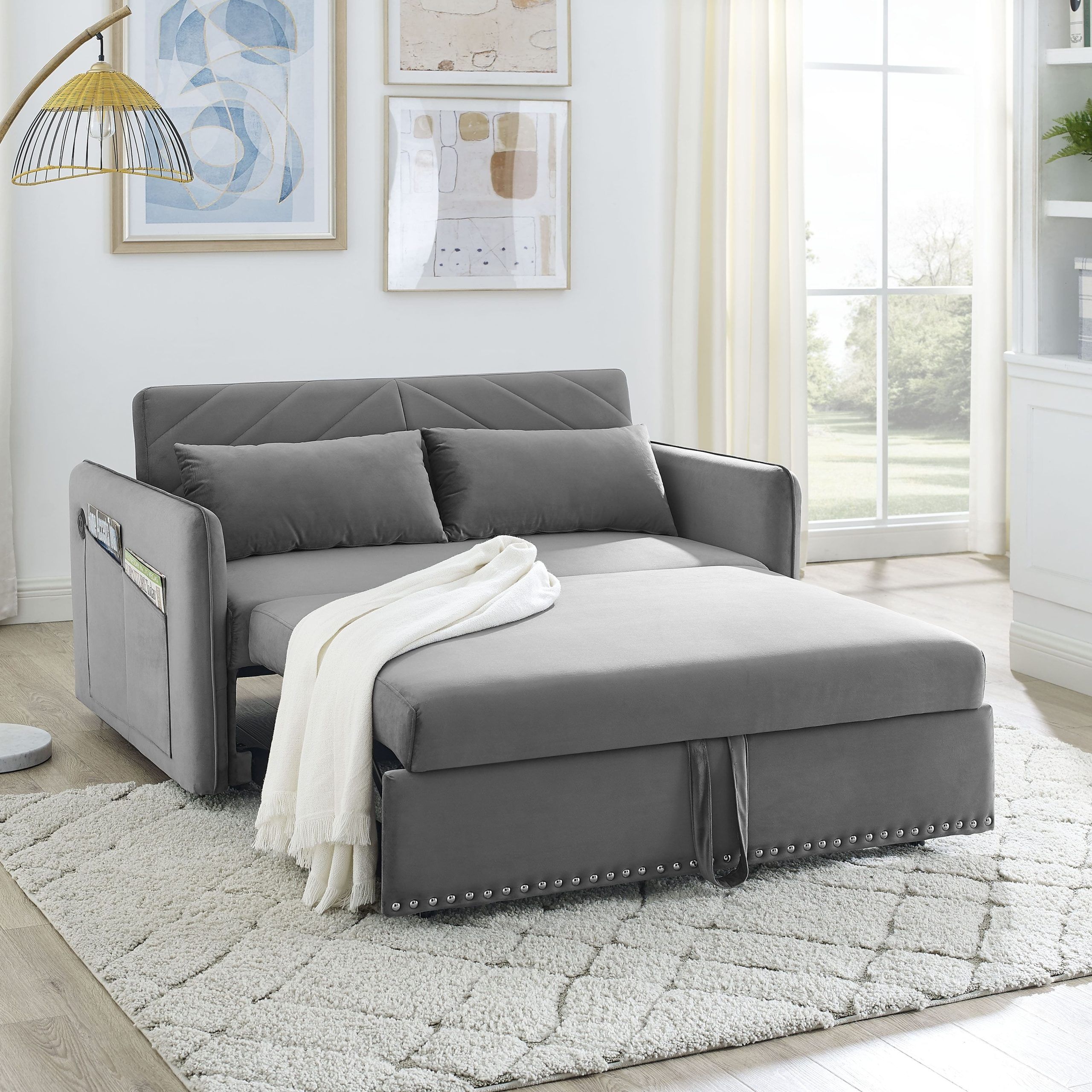 Velvet Pull Out Sleeper Sofa , 3 In 1 Adjustable Sleeper With Pull Out Bed,  2 Lumbar Pillows And Side Pocket – Bed Bath & Beyond – 38084240 Pertaining To 3 In 1 Gray Pull Out Sleeper Sofas (View 2 of 15)