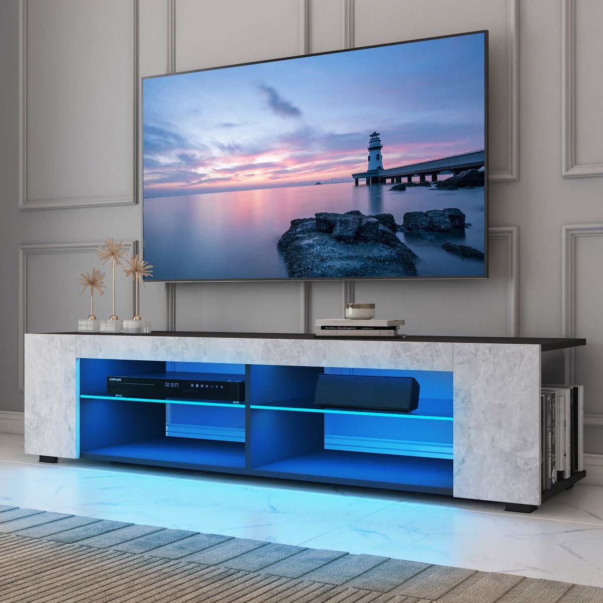 Wade Logan® Jowers 57'' Tv Stand For Tvs Up To 65'', Modern Media Console  With Smart App Controll Rgb Led Lights & Reviews | Wayfair Throughout Rgb Tv Entertainment Centers (View 9 of 15)