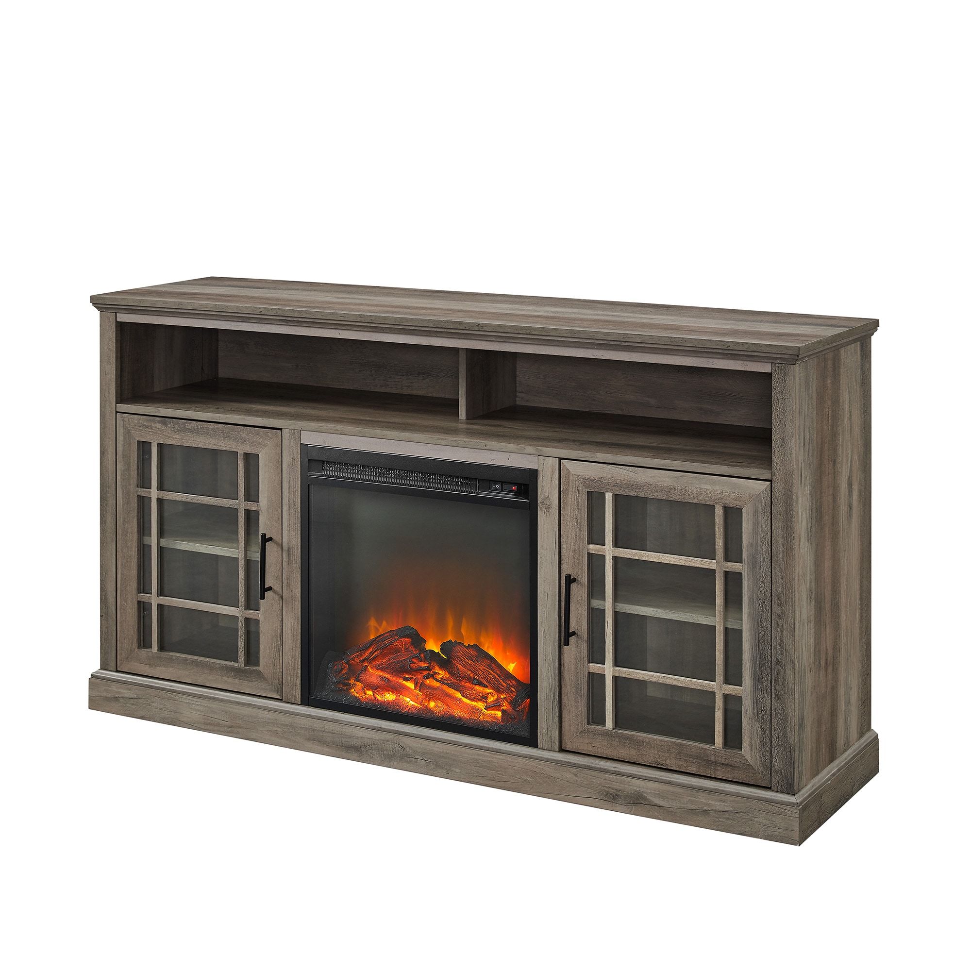 Walker Edison 58 In W Grey Wash Tv Stand With Led Electric Fireplace In The  Electric Fireplaces Department At Lowes With Wood Highboy Fireplace Tv Stands (View 11 of 15)