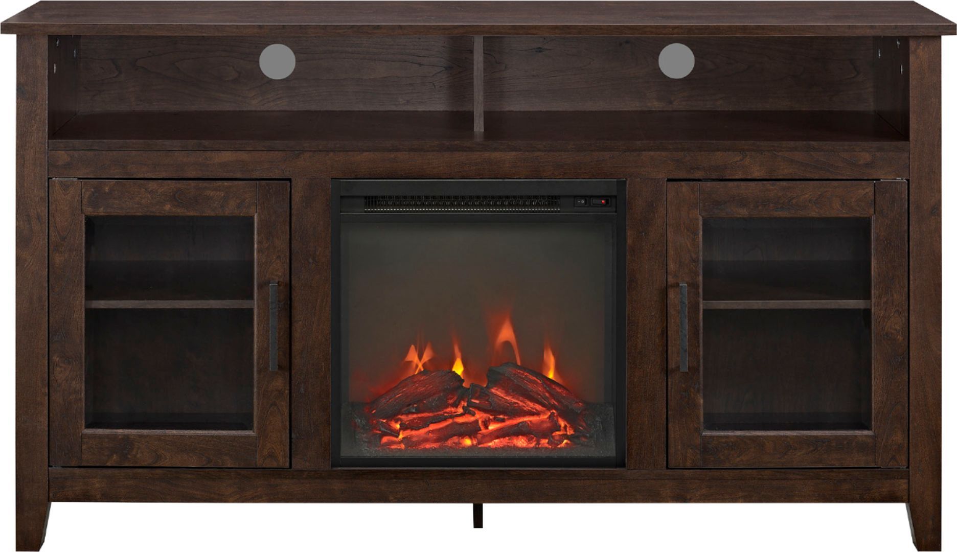 Walker Edison 58" Tall Glass Two Door Soundbar Storage Fireplace Tv Stand  For Most Tvs Up To 65" Traditional Brown Bb58Fp18Hbtb – Best Buy Intended For Wood Highboy Fireplace Tv Stands (Photo 9 of 15)