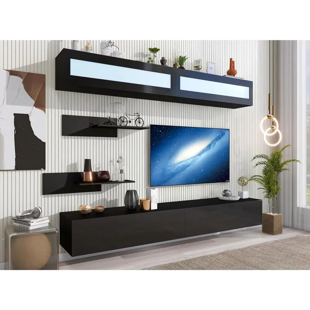 Wall Mount Floating Tv Stand With Four Media Storage Cabinets And Two  Shelves | Ebay With Wall Mounted Floating Tv Stands (View 6 of 15)