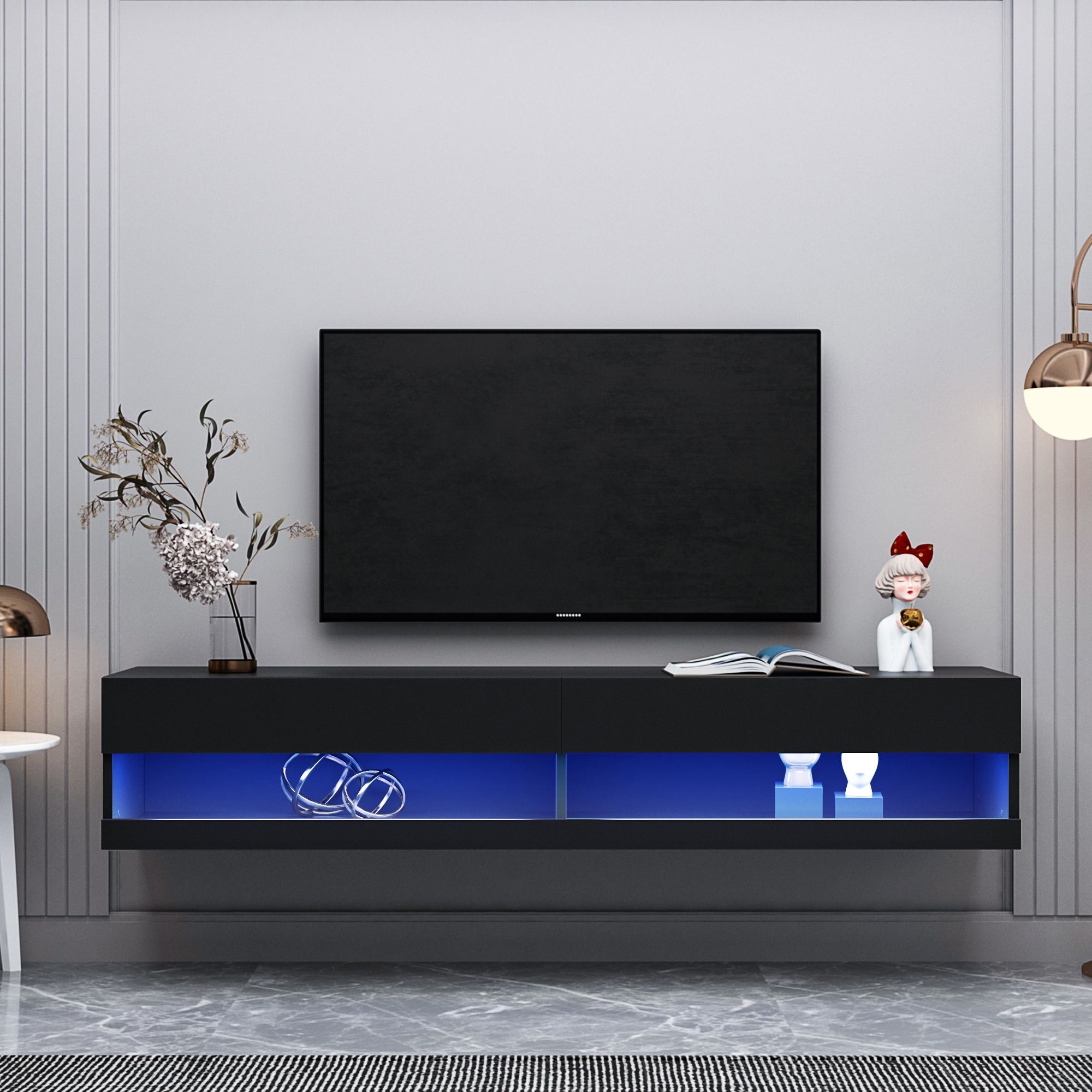 Wall Mounted Floating Tv Stand With Led Lights And Storage Compartments –  Bed Bath & Beyond – 38286386 Throughout Wall Mounted Floating Tv Stands (Photo 10 of 15)