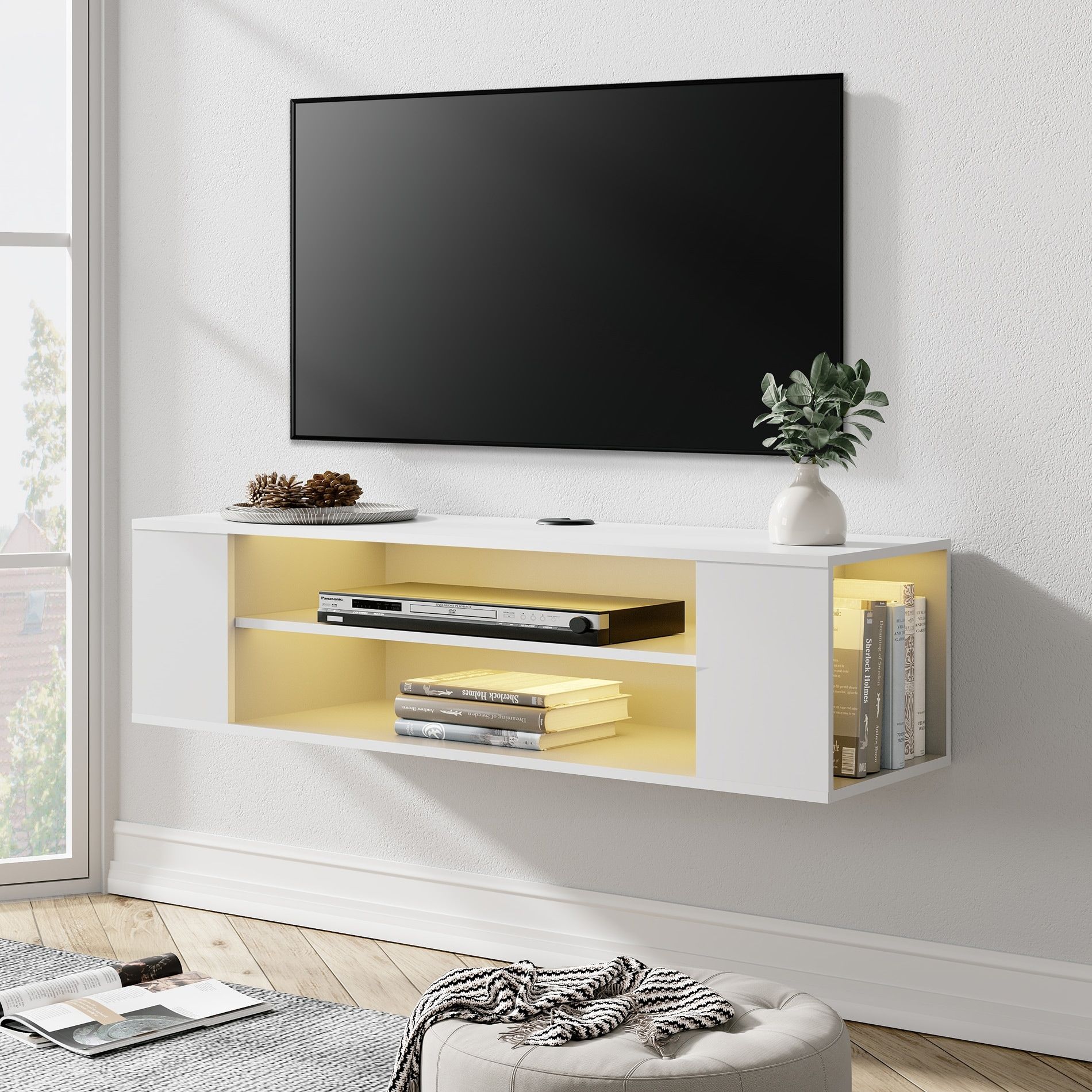 Wampat Floating Tv Stand Shelf Wall Mounted Entertainment Center Floating Cabinet  Media Hutch Under Tv, 39 Inch – Bed Bath & Beyond – 34407218 In Media Entertainment Center Tv Stands (View 10 of 15)