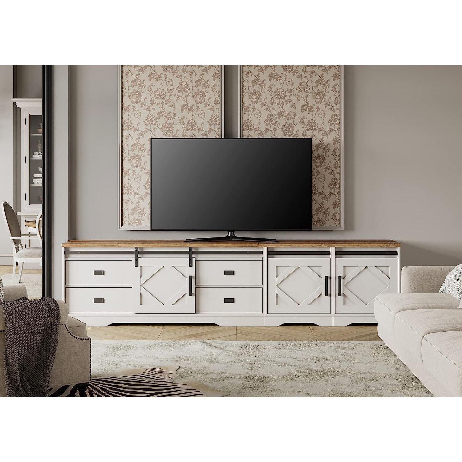Wampat Modern Farmhouse Tv Stand For Up To 110" Tvs Wood Entertainment  Center Cabinet With Drawers And Adjustable Shelf For Living Room, Cream  White | Best Buy Canada Intended For 110&quot; Tvs Wood Tv Cabinet With Drawers (View 13 of 15)