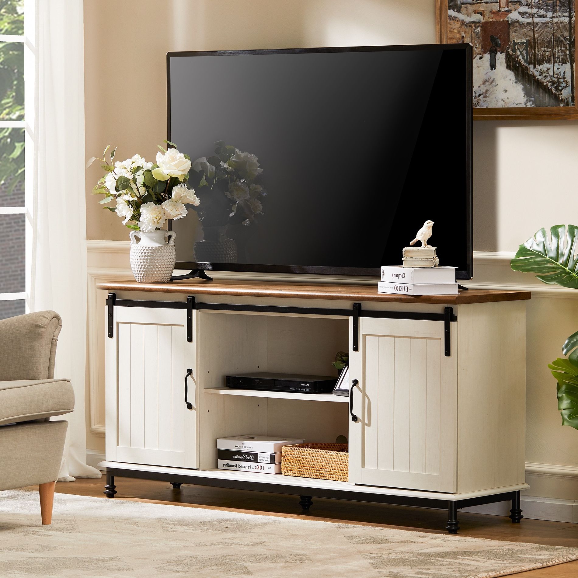 Wampat White Modern Tv Stand Farmhouse Sliding Barn Door Console Table For  Tvs Up To 65" – On Sale – Bed Bath & Beyond – 33265867 With 110" Tvs Wood Tv Cabinet With Drawers (View 7 of 15)