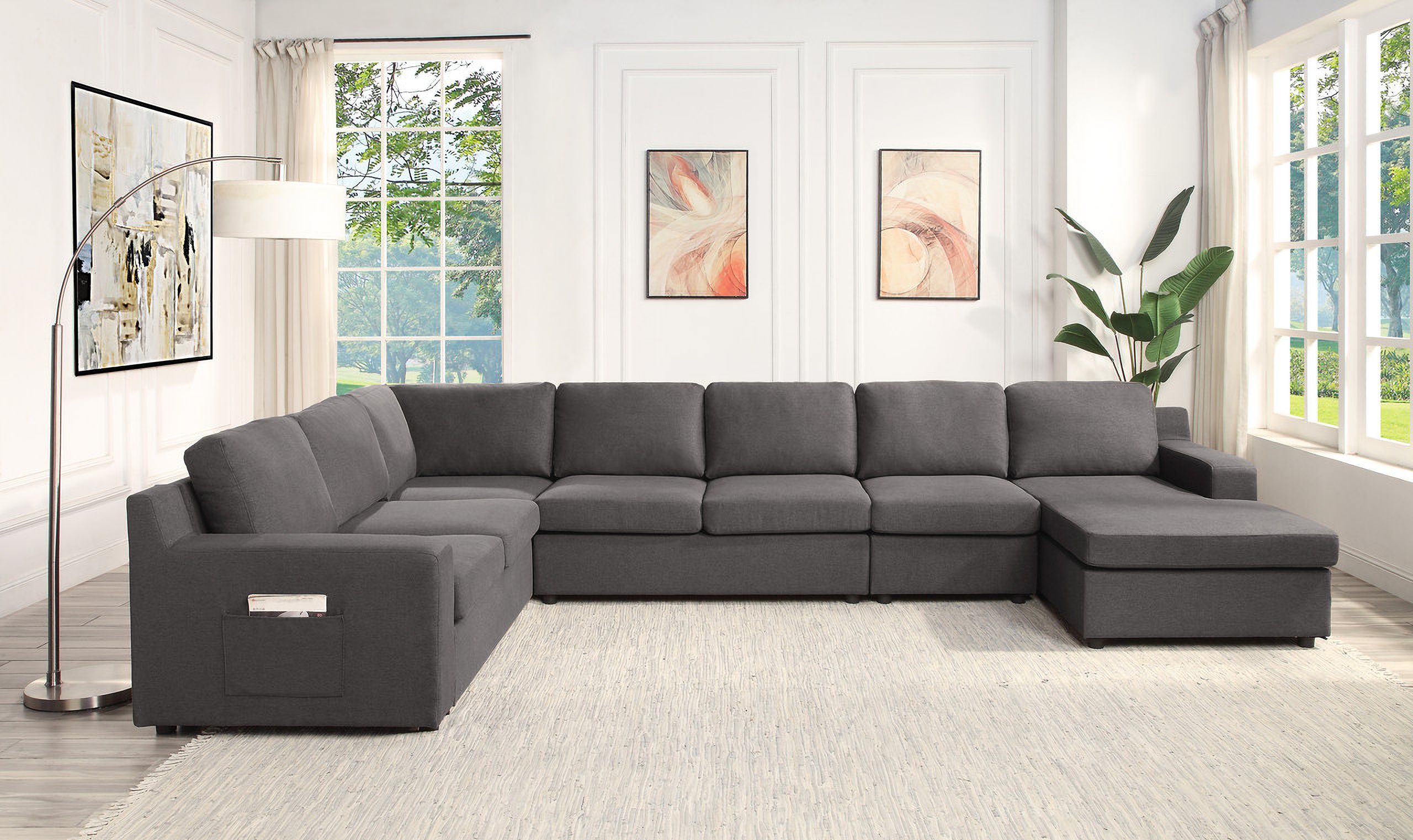 Waylon Gray Linen 7 Seater U Shape Sectional Sofa Chaise With Pocket  81803 10Lilola Home | 1Stopbedrooms With Regard To Gray Linen Sofas (Photo 4 of 15)