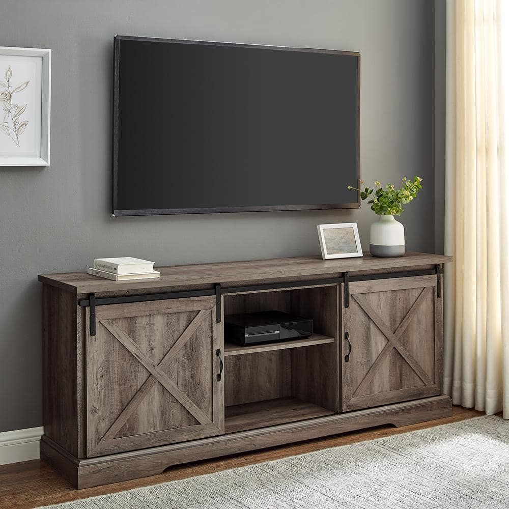 Welwick Designs 70 In. Grey Wash Wood And Metal Tv Stand With Sliding X Barn  Doors (Max Tv Size 80 In.) Hd8721 – The Home Depot Within Modern Farmhouse Barn Tv Stands (Photo 15 of 15)
