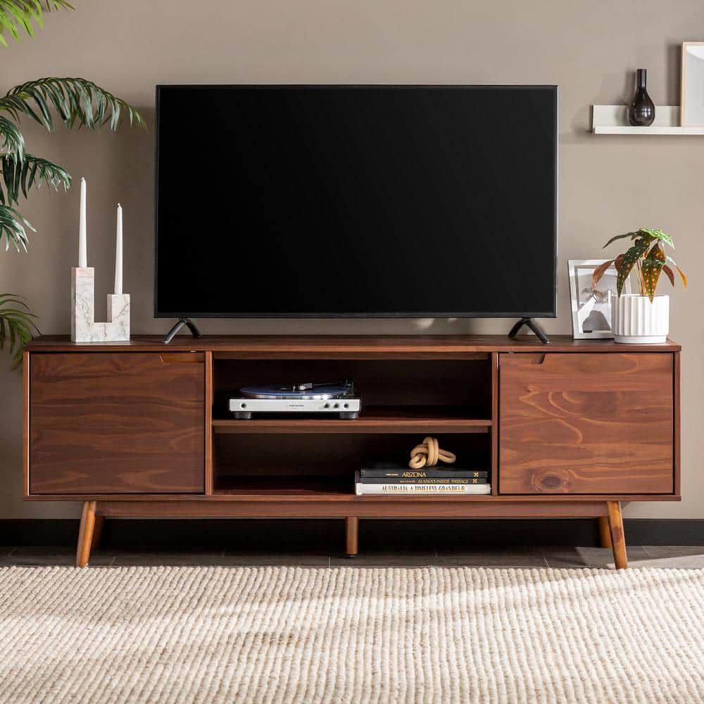 Welwick Designs 70 In. Walnut Solid Wood Mid Century Modern Tv Stand With  2 Doors (Max Tv Size 80 In.) Hd8871 – The Home Depot Pertaining To Mid Century Entertainment Centers (Photo 11 of 15)