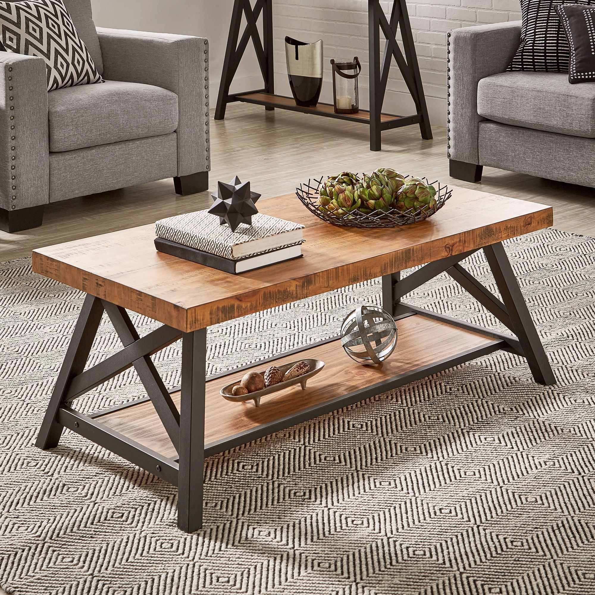 Weston Home Westyn Rustic X Base Wood Rectangular Coffee Table, Gray –  Walmart In Rectangular Coffee Tables With Pedestal Bases (View 10 of 15)