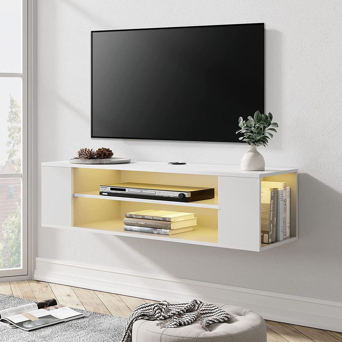 White Floating Tv Stand With Yellow Led Lights Wall Mounted Shelf  Entertainment | Ebay Pertaining To Tv Stands With Lights (View 12 of 15)
