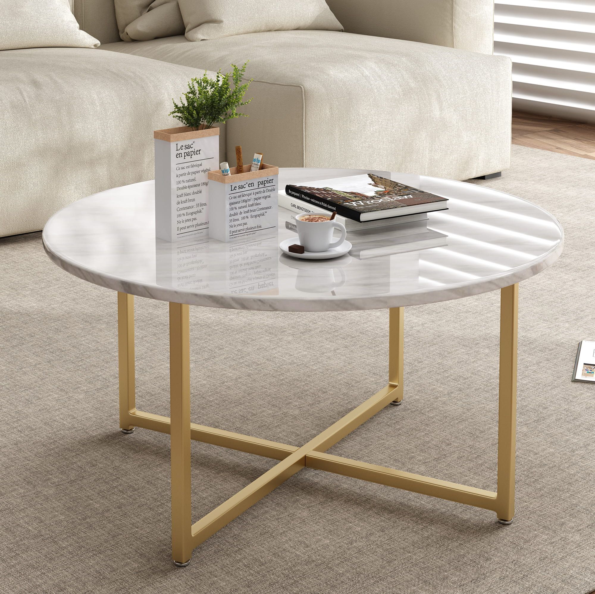 White Marble Effect Round Coffee Table With Gold Legs – Dreamo Living With Modern Round Faux Marble Coffee Tables (View 10 of 15)