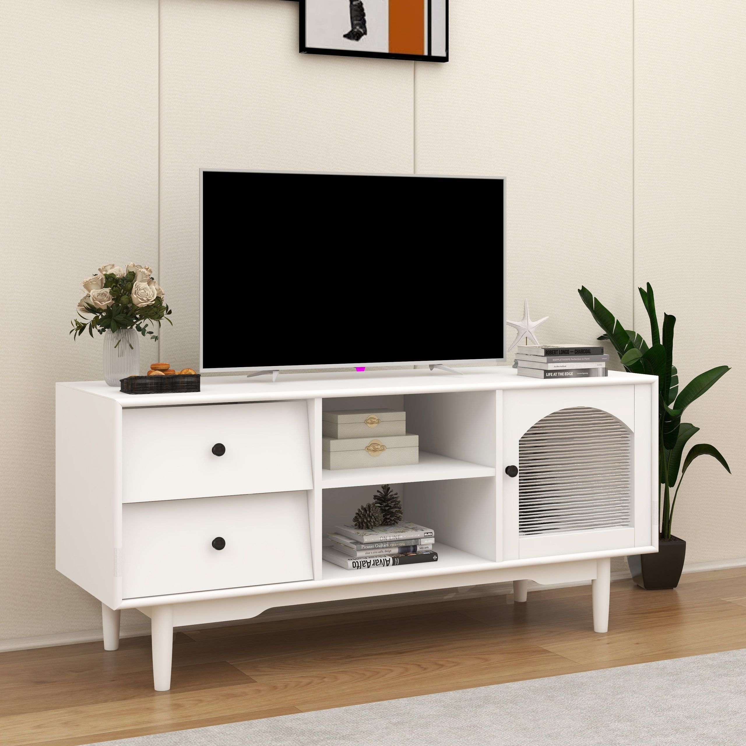 White Tv Stand With 2 Tilting Drawers And Open Shelves, A Small Cabinet  With Glass Door, Modern Tv Console Table – Bed Bath & Beyond – 38247648 Pertaining To Tv Stands With 2 Doors And 2 Open Shelves (View 15 of 15)