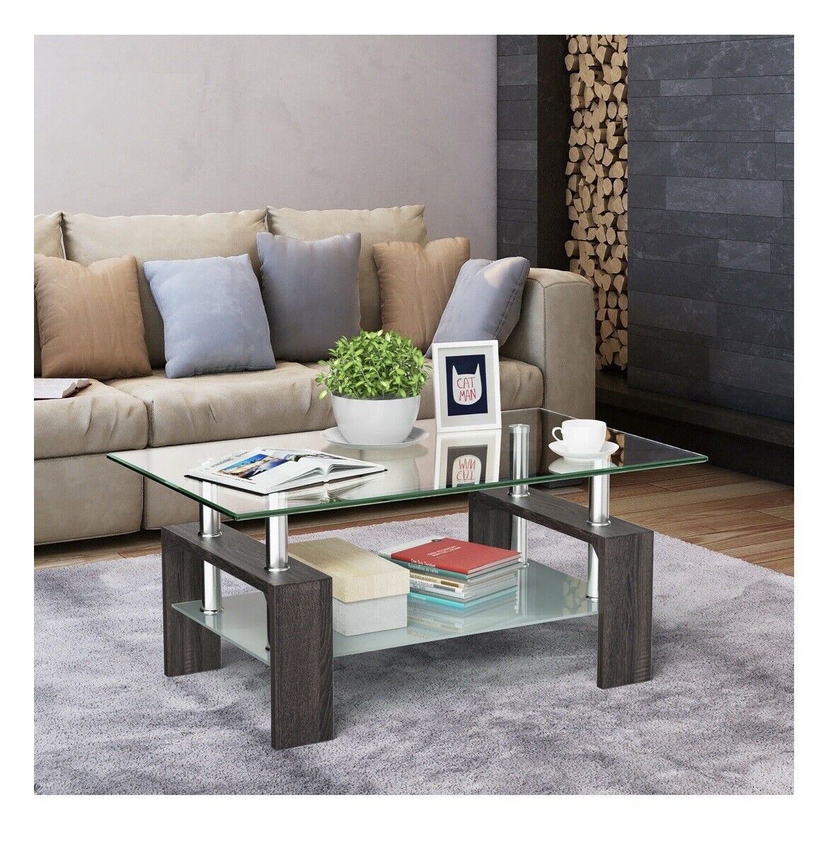 Wood Tempered Glass Top Coffee Table Rectangular W/ Shelf Home Furniture |  Ebay Throughout Wood Tempered Glass Top Coffee Tables (Photo 13 of 15)
