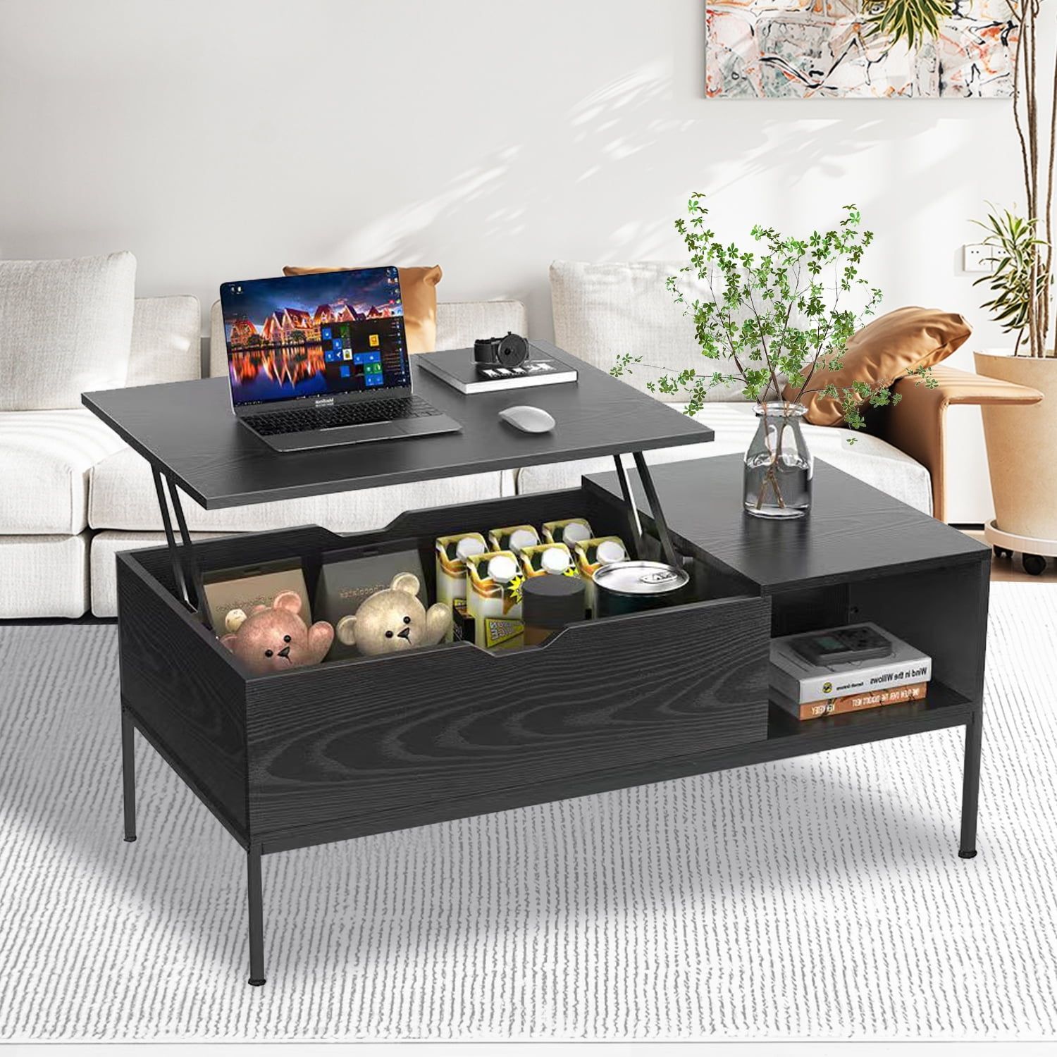 Wooden Coffee Table, Lift Top Coffee Table With Hidden Compartment, Side Coffee  Table With Storage Shelf, Modern Center Table Sofa Table For Living Room,  43"X19"X18", Easy Assembly, Black – Walmart Intended For Coffee Tables With Hidden Compartments (View 14 of 15)