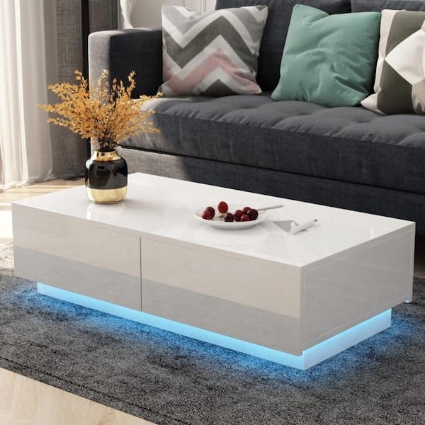 Woodyhome 37.4 In. White Medium Rectangle Mdf Led Coffee Table With 4 Storage  Drawers Poa7027448 – The Home Depot Throughout Coffee Tables With Drawers And Led Lights (Photo 3 of 15)