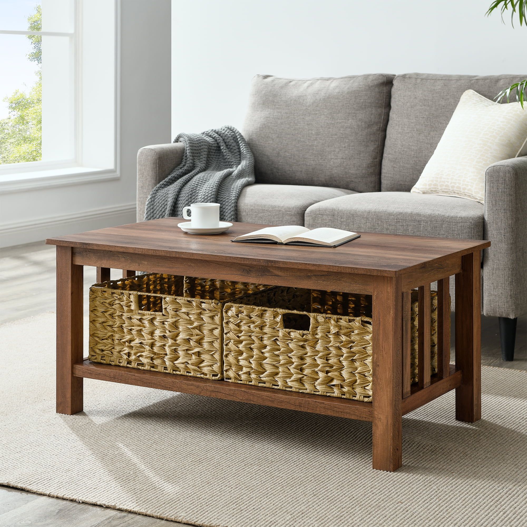 Woven Paths Farmhouse Mission Rectangle Coffee Table With Baskets,  Reclaimed Barnwood – Walmart Throughout Woven Paths Coffee Tables (View 6 of 15)
